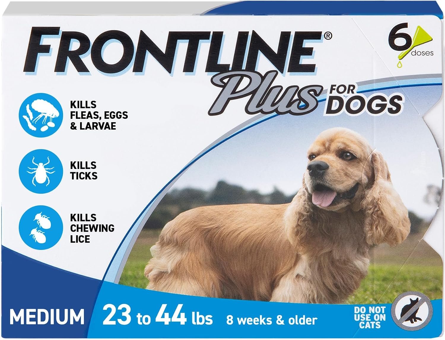 Frontline Plus for Dogs Medium Dog (23-44 pounds) Flea and Tick Treatment, 6 Doses | Trusted by pet owners for over 20 years,² kills fleas, ticks & chewing lice, waterproof 24 hr