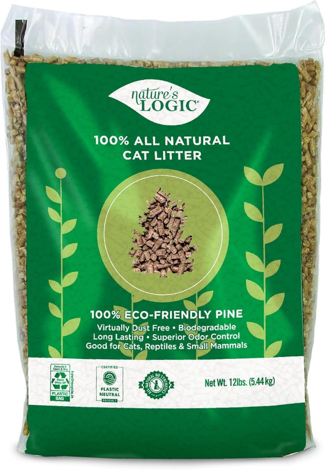 Nature’s Logic 100% Natural Pine Pellet Cat Litter – Dust-Free, Unscented, Biodegradable – Safe for Cats, Kittens, Reptiles & Small Pets – Highly Absorbent – 12 lb Bag