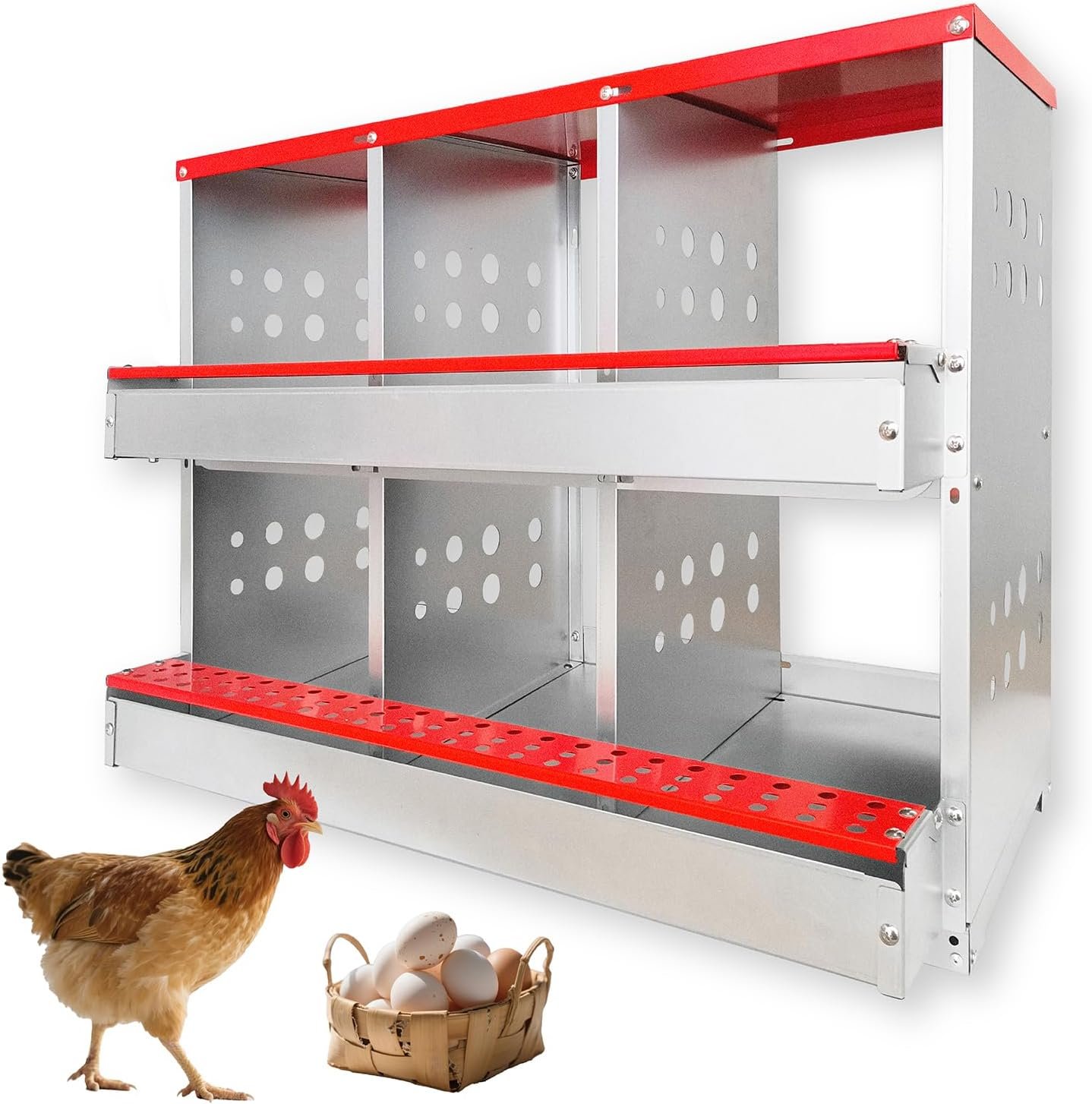 6-Compartment Roll Away Chicken Nesting Box for Hens, 32.6 Inch | Metal build, Egg collection tray, Perch, Protective lid, Wall mount, Freestanding setup, Ducks, Backyard coop, Barn supply