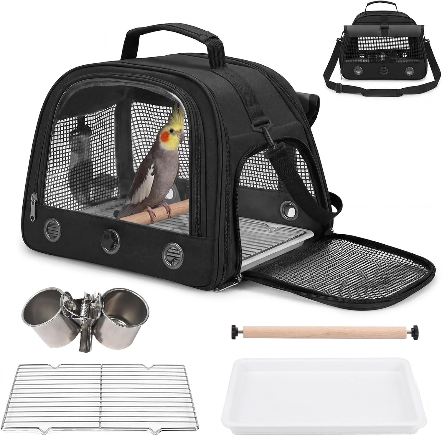 Bird Carrier, Lightweight Breathable Bird Backpack, Portable Wild Bird Carrier with Standing Perch for Parrot Travel Vet Visit (Black)
