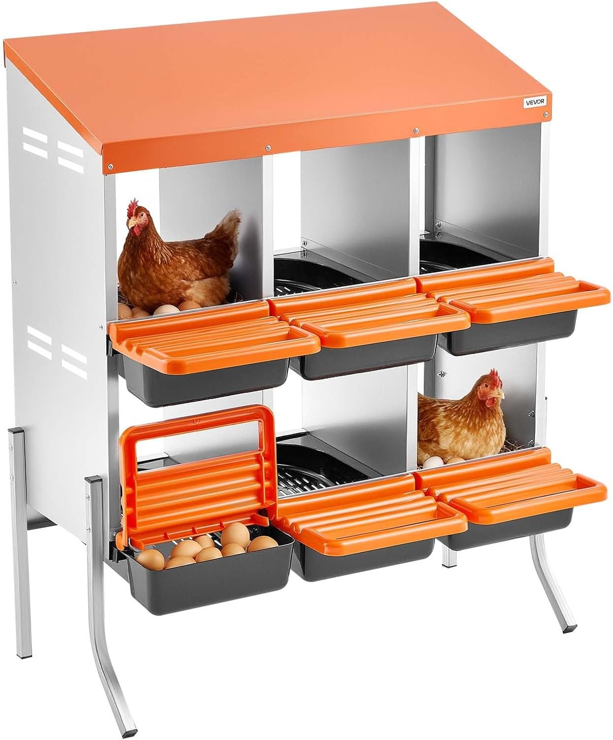 VEVOR Chicken Nesting Boxes, 6 Compartments, with Support Legs, Easy Egg Collection, Galvanized Steel and High-Strength Plastic, Roll Away Nesting Boxes for Chickens and Hens Laying Eggs, Orange