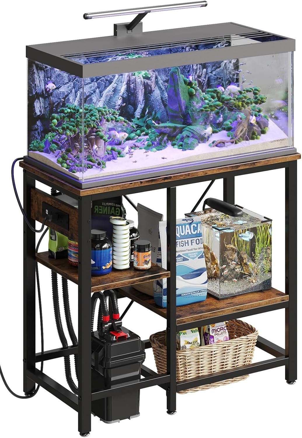 Bestier 20-29-37 Gal Fish Tank Stand with Power Outlet, Rustic Brown, 30×13 | 6-Leg Steel Frame, 3-Tier Adjustable Shelves for Filters Storage, 400Lbs Capacity, 5-In-1 Power Outlet, 4 Leveling Feet