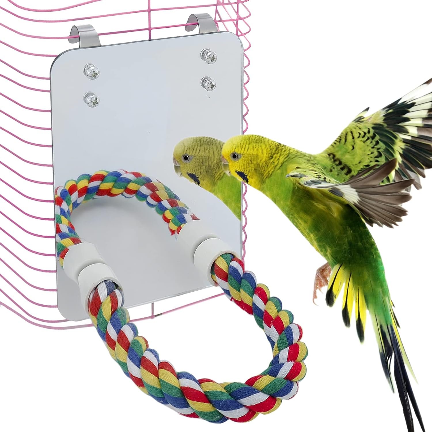 Mygeromon Bird Mirror for Cage with Parrot Rope Perches | for Parakeet, Budgerigar, Lovebird