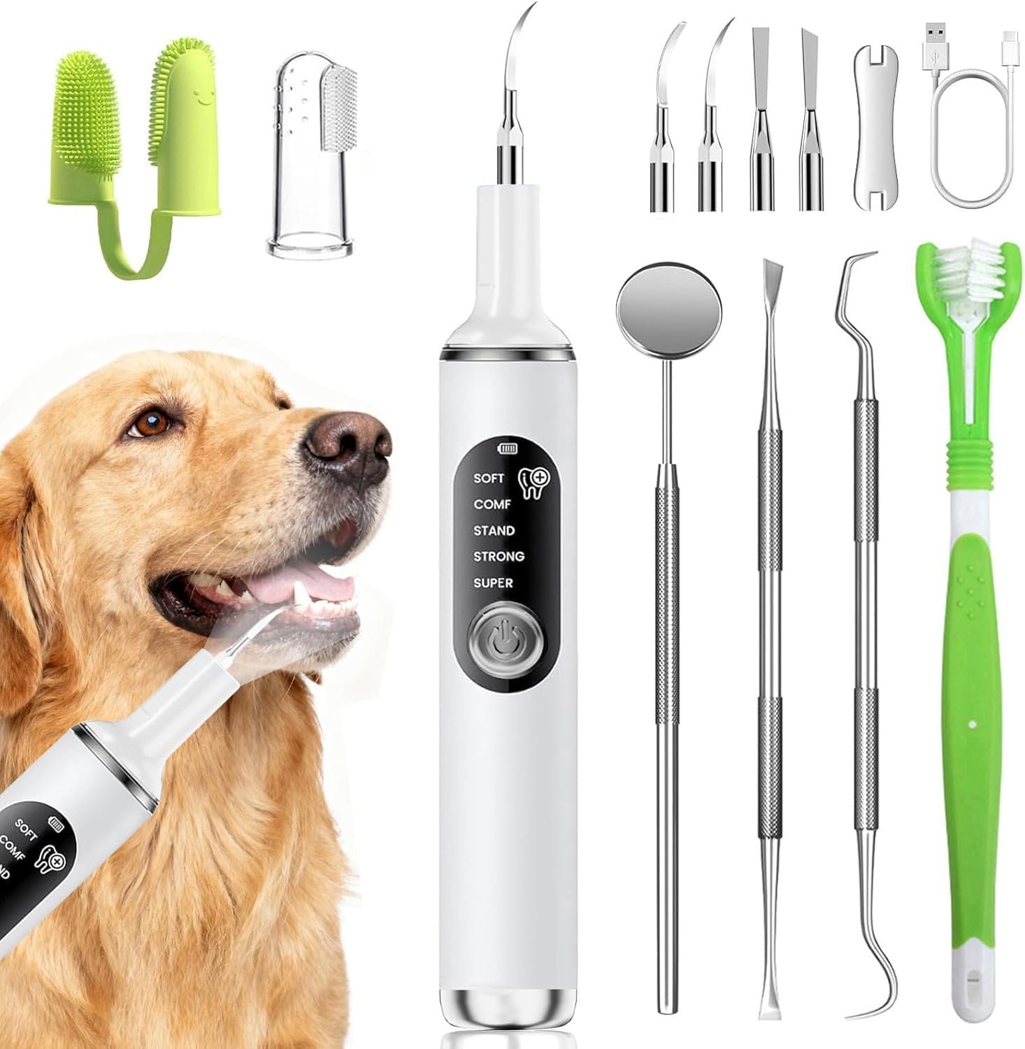 Pet Ultrasonic Tooth Cleaner,Dog Plaque Remover Tool,White | dog teeth cleaning,plaque remover for teeth,dog tartar and plaque remover,plaque off for dogs,5 Mode Pet Teeth Cleaning Kit