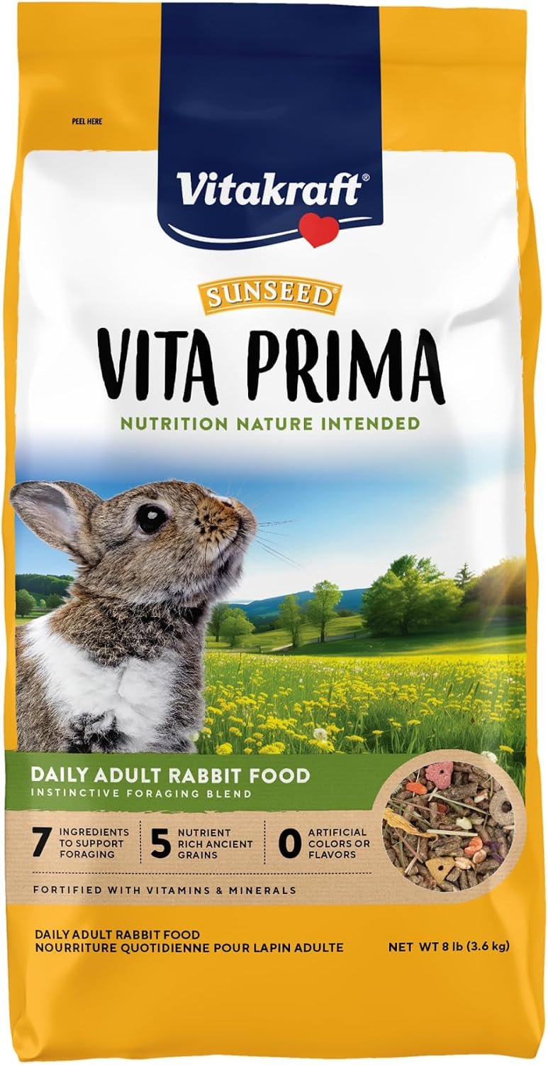 Vitakraft Sunseed Vita Prima Daily Adult Rabbit Food 8 lb Bag with Timothy Hay Pellets Vegetables and Fruits Providing Wholesome Daily Nutrition for Happy Healthy Rabbits