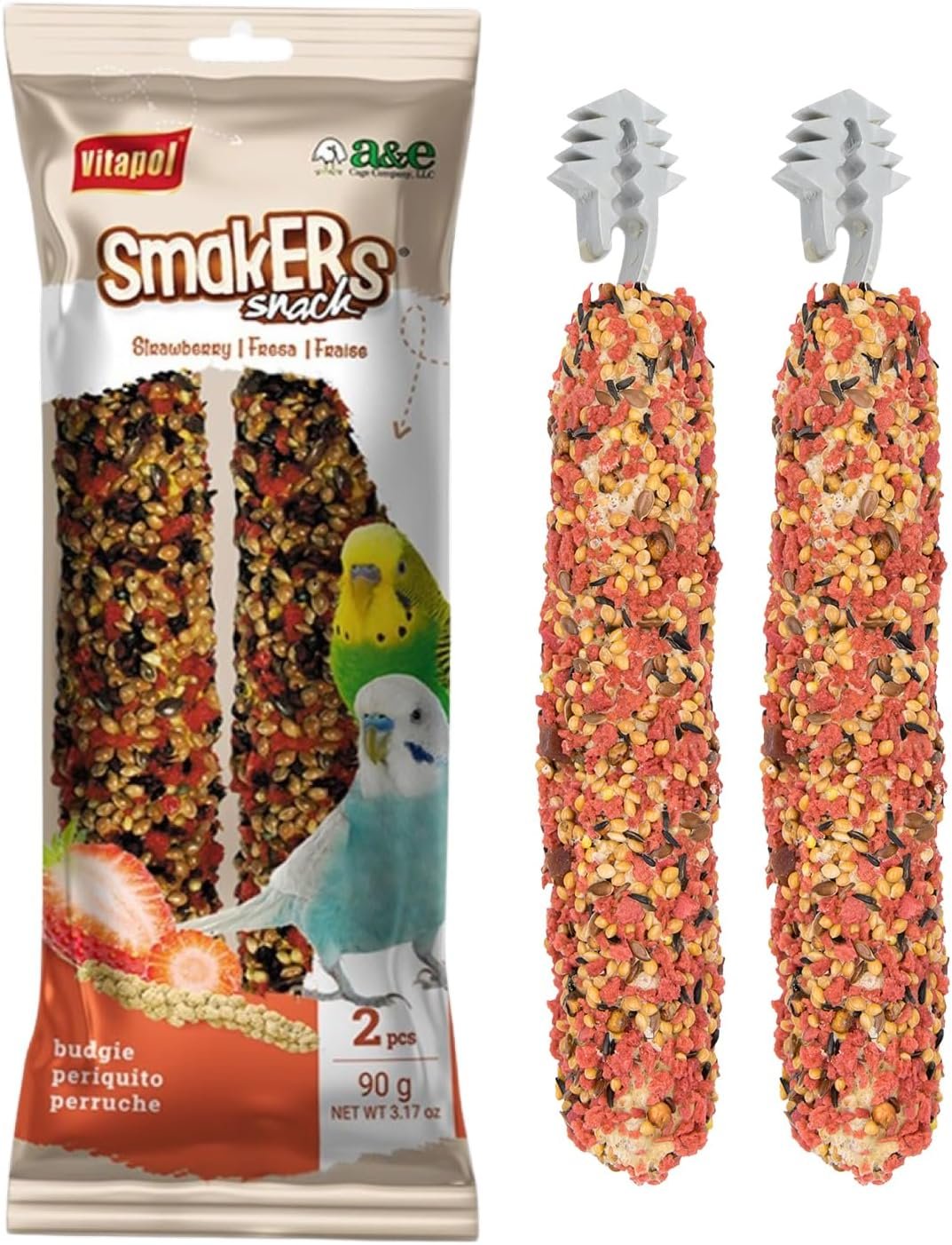 Vitapol Smakers by A&E Cage Co Strawberry Treat Sticks for Parakeets – Twin Pack Bird Treat Sticks – Natural Hanging Foraging Snack with Real Strawberry for Parakeets, Budgies & Small Hookbills | Real Dried Strawberry, 3-Layer Seed & Wheat Recipe, Metal Cage Hanger, Encourages Foraging, by A&E Cage Co