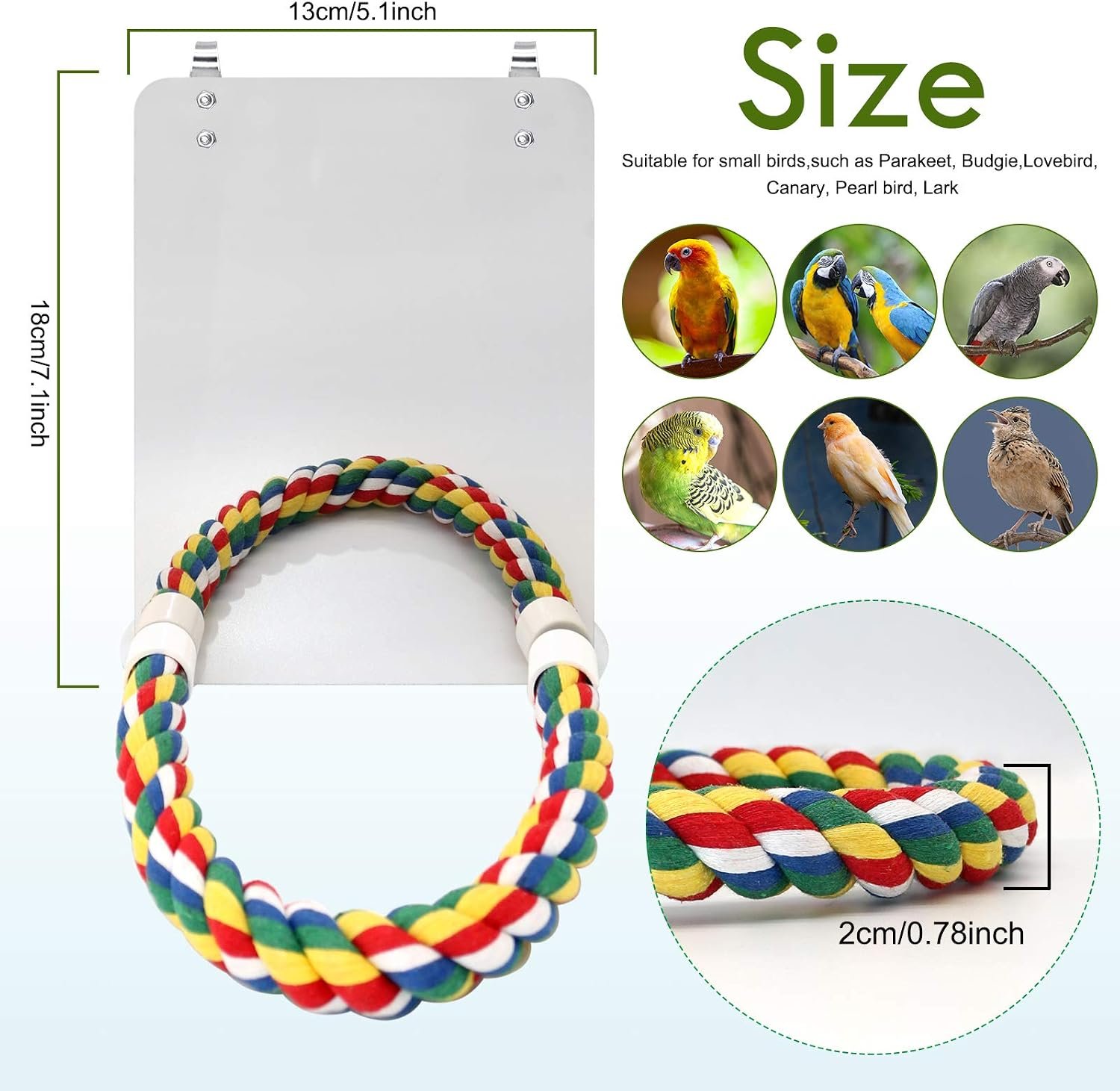 7 Inch Bird Mirror for Cage, Parakeet Mirror with Rope Perch for Birds | Parakeet Mirror for Cage, Rope Perch for Standing, Stainless Steel Mirror, Hanging Cage Hook, Small and Medium Birds