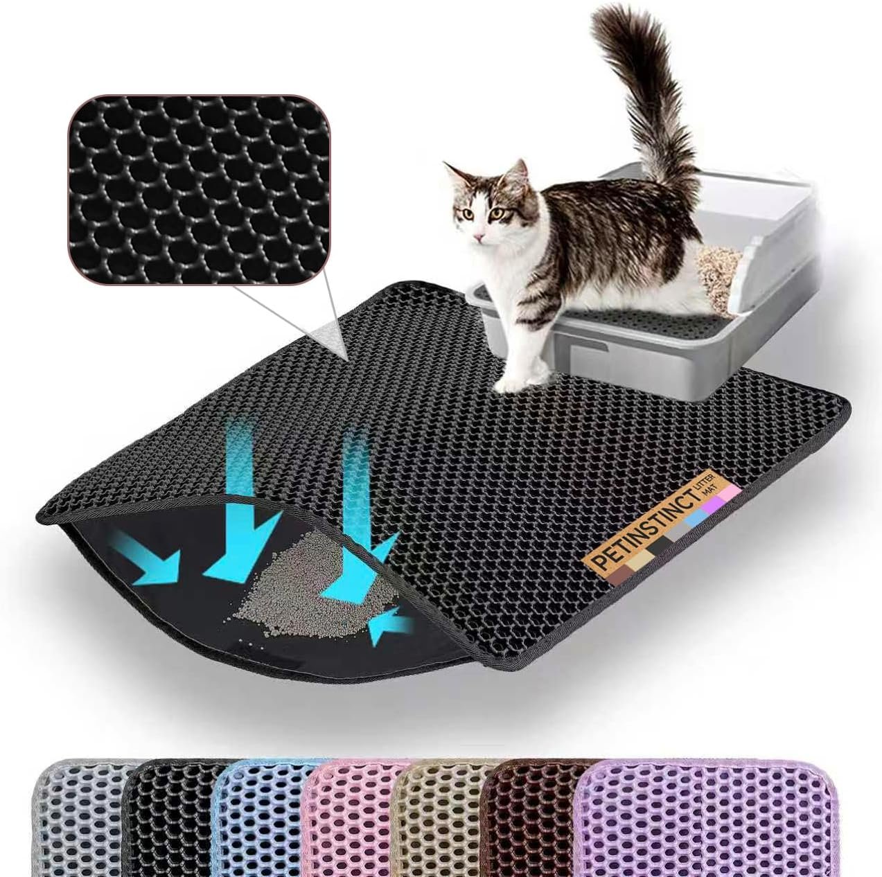 Cat Litter Mat, Double Layer Honeycomb Litter Box Mat | 24×18”, Efficient Litter Trapping, Easy to Clean, Waterproof, Non-Slip, Soft on Paws, Scratch Resistant, Black, Large