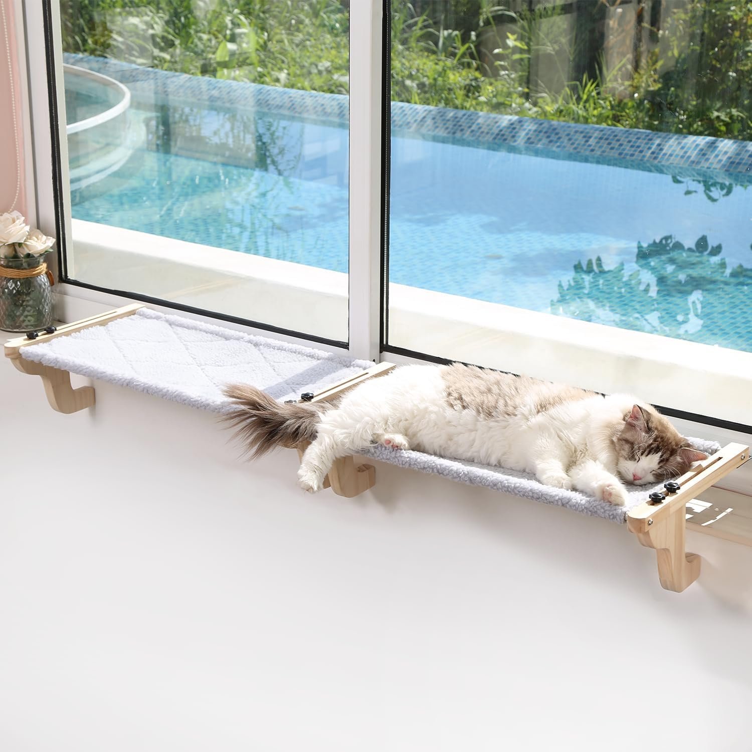 Zakkart 2PC Easy Seat Cat Perch for Window Sill – Hammock Design w/Pine Wood & Robust Metal Frame – Cat Window Seat for Large Cats and Kittens (Natural Color Wood w/Gray Bed, Large (26”W x 14”D)