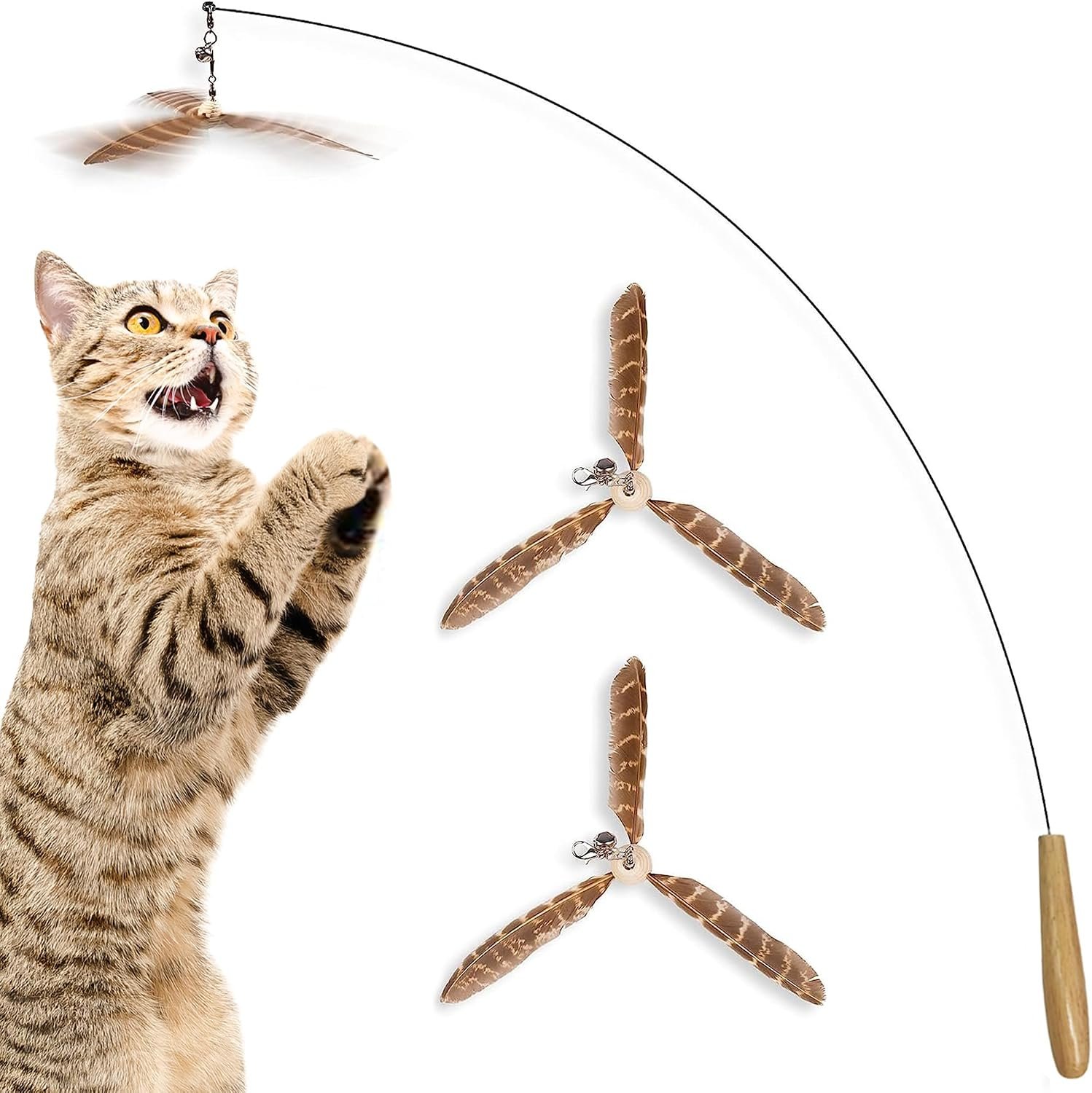 SunGrow Brown Feather Wand, Interactive Indoor Cat Toy with 1 Fishing Pole (34”) and 3 Feather Teasers (7”), Flexible Rod, Feline Fitness and Entertainment, 1 Set Per Pack  