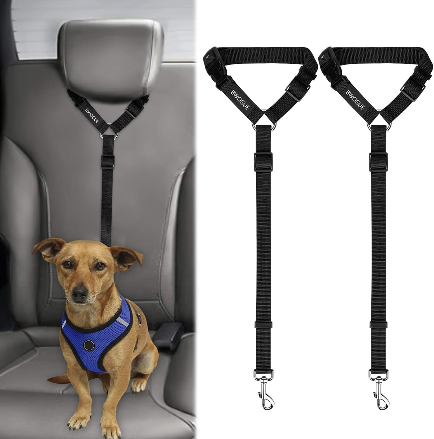 BWOGUE 2 Pack Dog Seat Belt for Car, Headrest Restraint Safety Leads | Headrest Loop for Car Travel, 18-30 in Adjustable, 2-in-1 Seat Belt and Leash, 2 Pack for Dogs and Cats, Use with Dog Harness