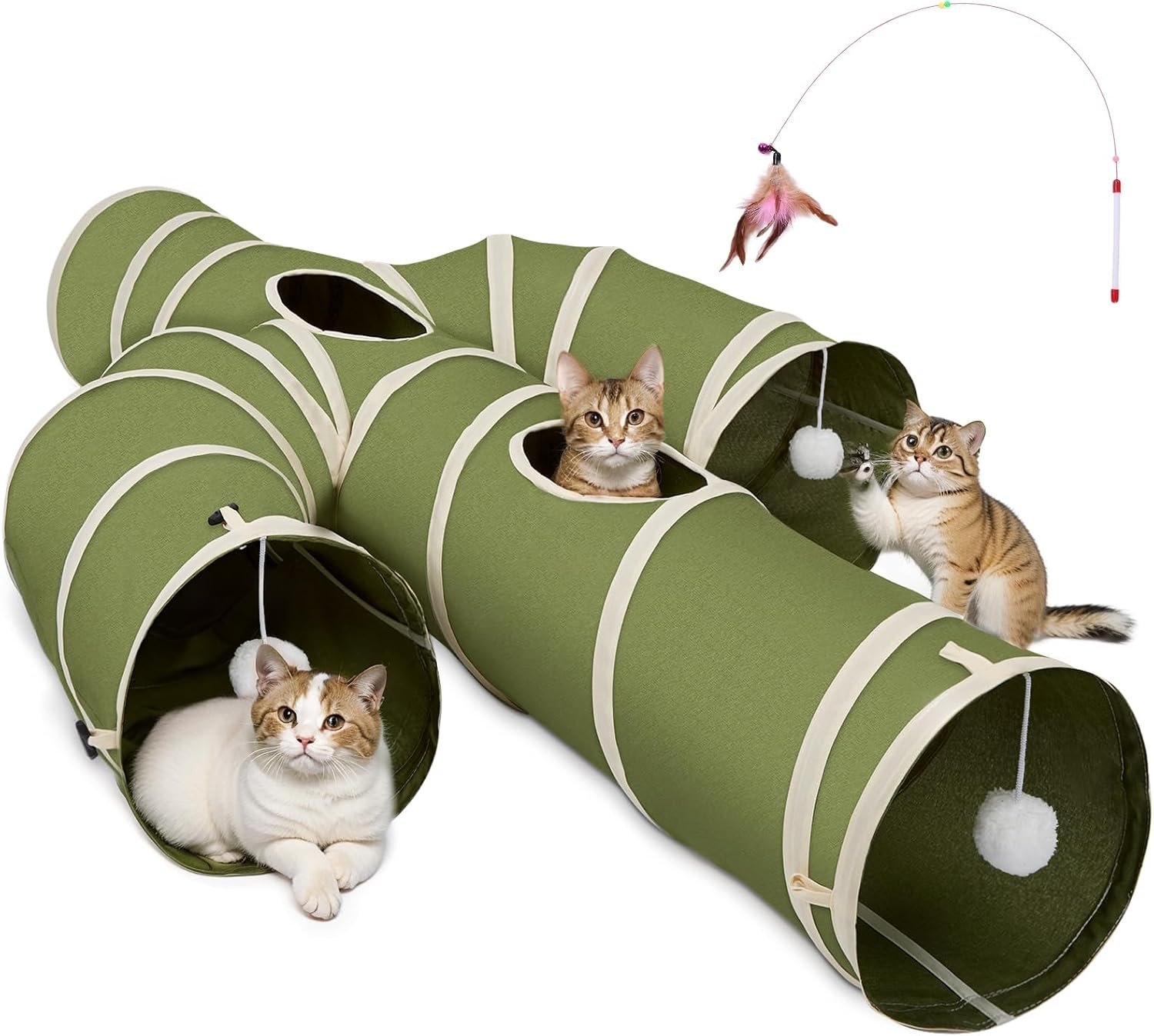 Ownpets Cactus Cat Tunnel 12″ with Peek Holes for Indoor Large Cat, Green | Durable Oxford fabric, noise-free, foldable & connectable, multi-cat friendly, tube for cats up to 20lb, includes ball & wand