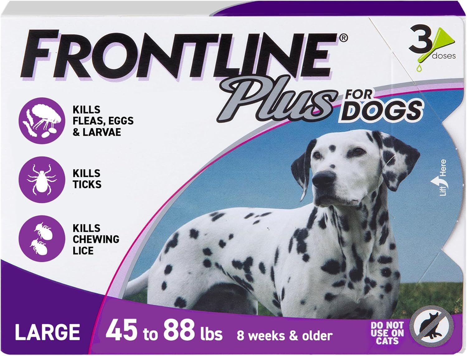 FRONTLINE Plus Flea & Tick Spot Treatment for Large Breed Dogs 45-88 lbs. (Purple) Count of 3 | Count of 3, Trusted by pet owners for over 20 years,² kills fleas, ticks & chewing lice, waterproof 24 hr