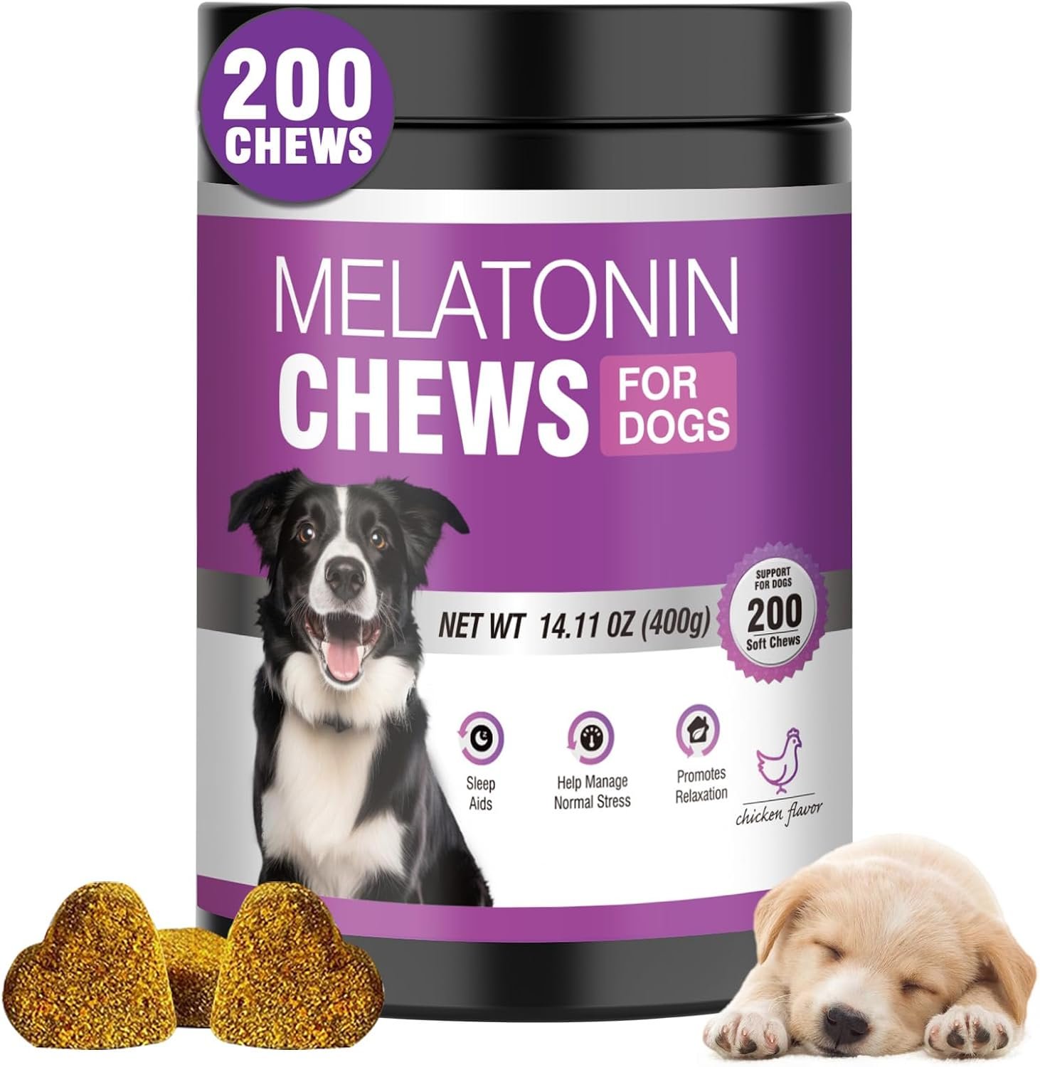 Calming Melatonin for Dogs, 200 Pet Chews Calming Treats for Sleep Aid Sleeping Pills Puppy Melatonin Bites Support Stress, Anxiety Relief, Separation for Small and Large Dogs Chicken