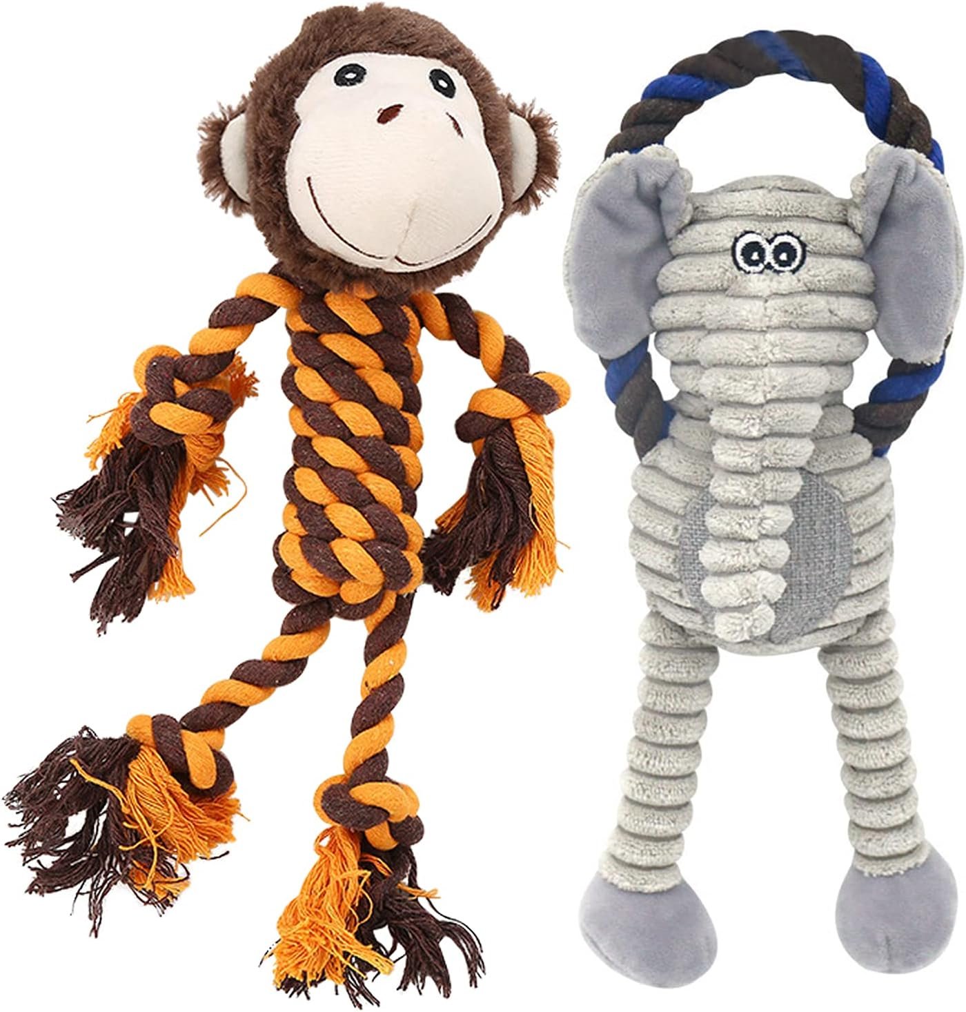 Monkey Rope Dog Toy, Plush Elephant Squeaky Dog Toy, 2 Pack | Stuffed Rope for Chew and Tug, Interactive Outdoor Indoor Play Keep Busy, Training Birthday Gift, For Small Medium Large Dogs