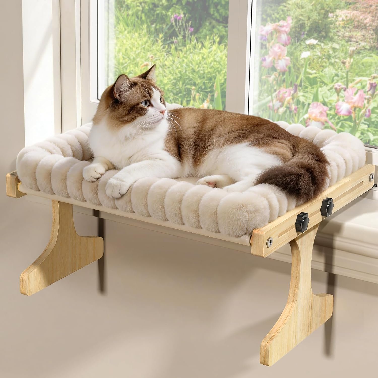 XiaZ Cat Perch for Window Cats Hammock Indoor Bed for Window Adjustable Wooden Frame Bird Watching Sunbathing Space-Saving Single Layer 18 * 16 * 9.4inch (Small Breeds Recommended)