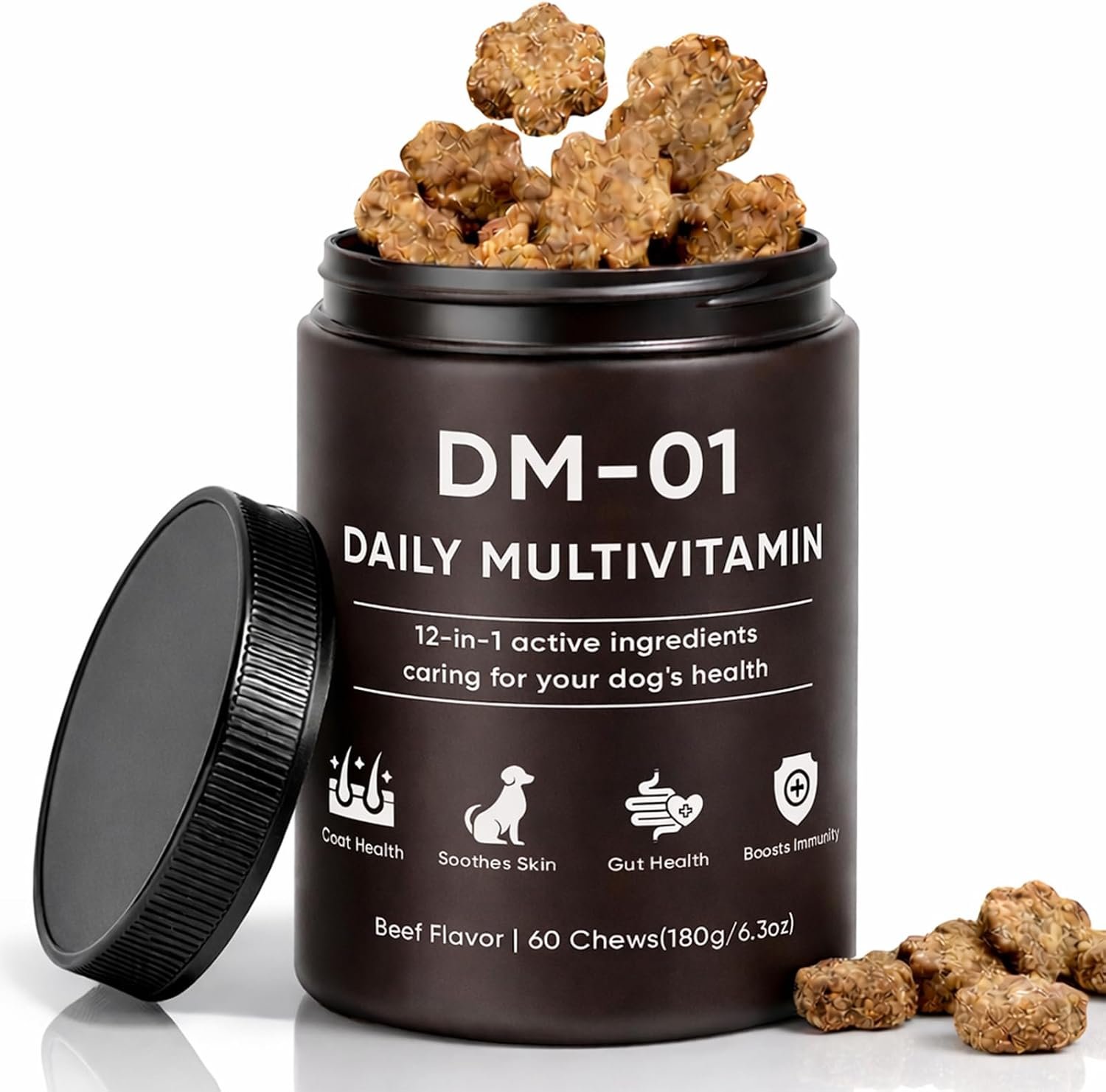 DM-01 Daily Multivitamin, Multivitamin Itch Relief Chews for Dog, with Folic Acid, Salmon Oil, Chondroitin & Natural Vitamins, Skin and Coat Healthy, Digestive & Boost Immunity, 60 Chew (Beef)