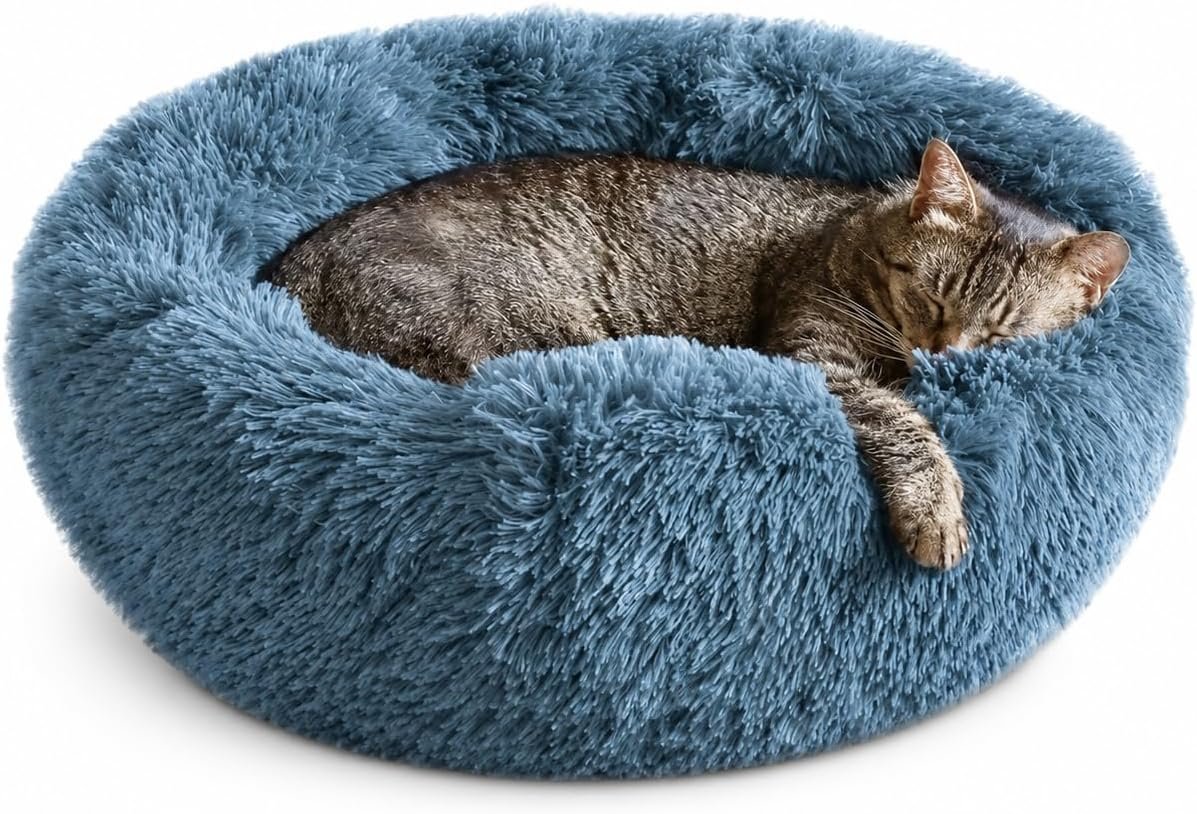 Whiskers & Friends Cat Beds for Indoor Cats & Small Dog, Fluffy Cat Bed | Orthopedic Soft Plush Calming Donut Bed, Washable Round Pet Bed, Sized for Kitten to Large Cats & Puppy to Small Dogs