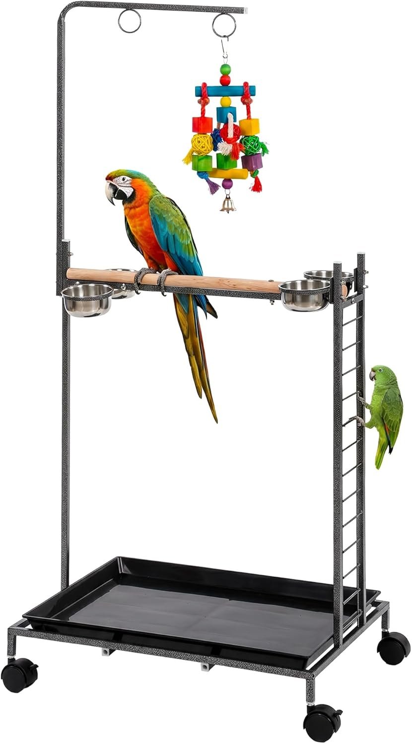 PawHut Bird Stand Parrot Stand with Wheels Wooden Perch Ladder Dark Gray | Stainless Steel Bowls, Slide-out Tray, for Indoor Outdoor Use, for Budgies, Parakeets