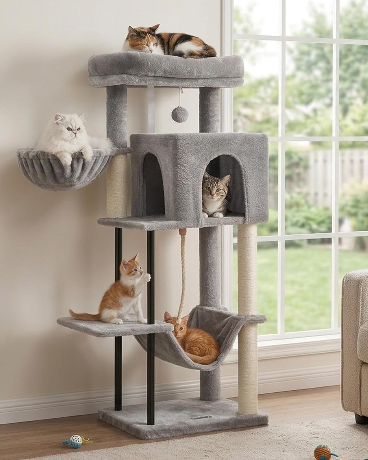 Cat Tree, 43.3” Cat Tower with Hammock for Kittens GCT004SW | Cat Condo House for Small Indoor Cats, Basket, Scratching Post, Large Platform, Sturdy Steel Tube, Sisal Rope, Light Gray