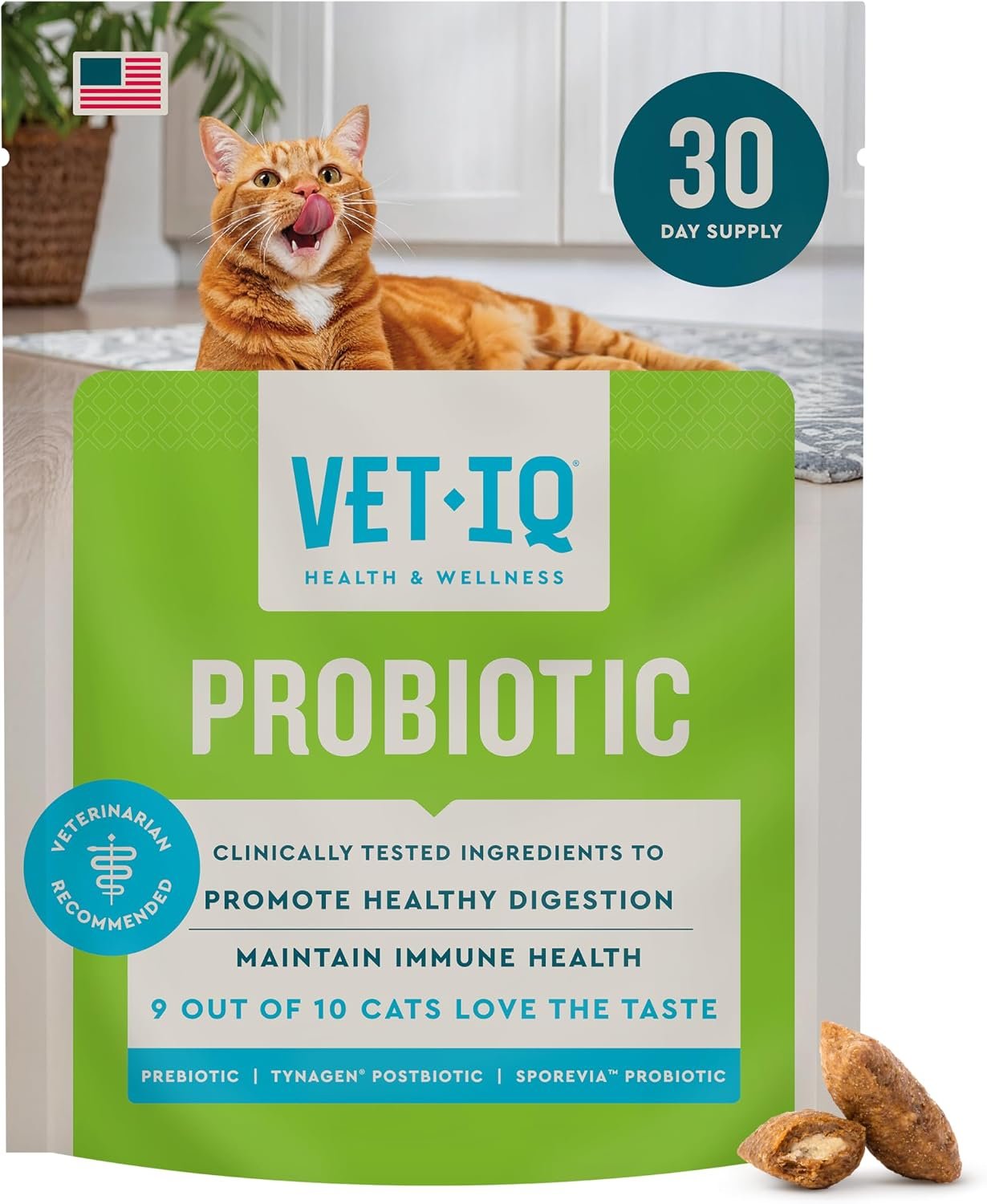 VetIQ Cat Probiotics, Digestive & Gut Health Treats, 3.7oz | Eases constipation & diarrhea; probiotic, prebiotic & postbiotic blend; chicken-flavor daily treat; gut health support