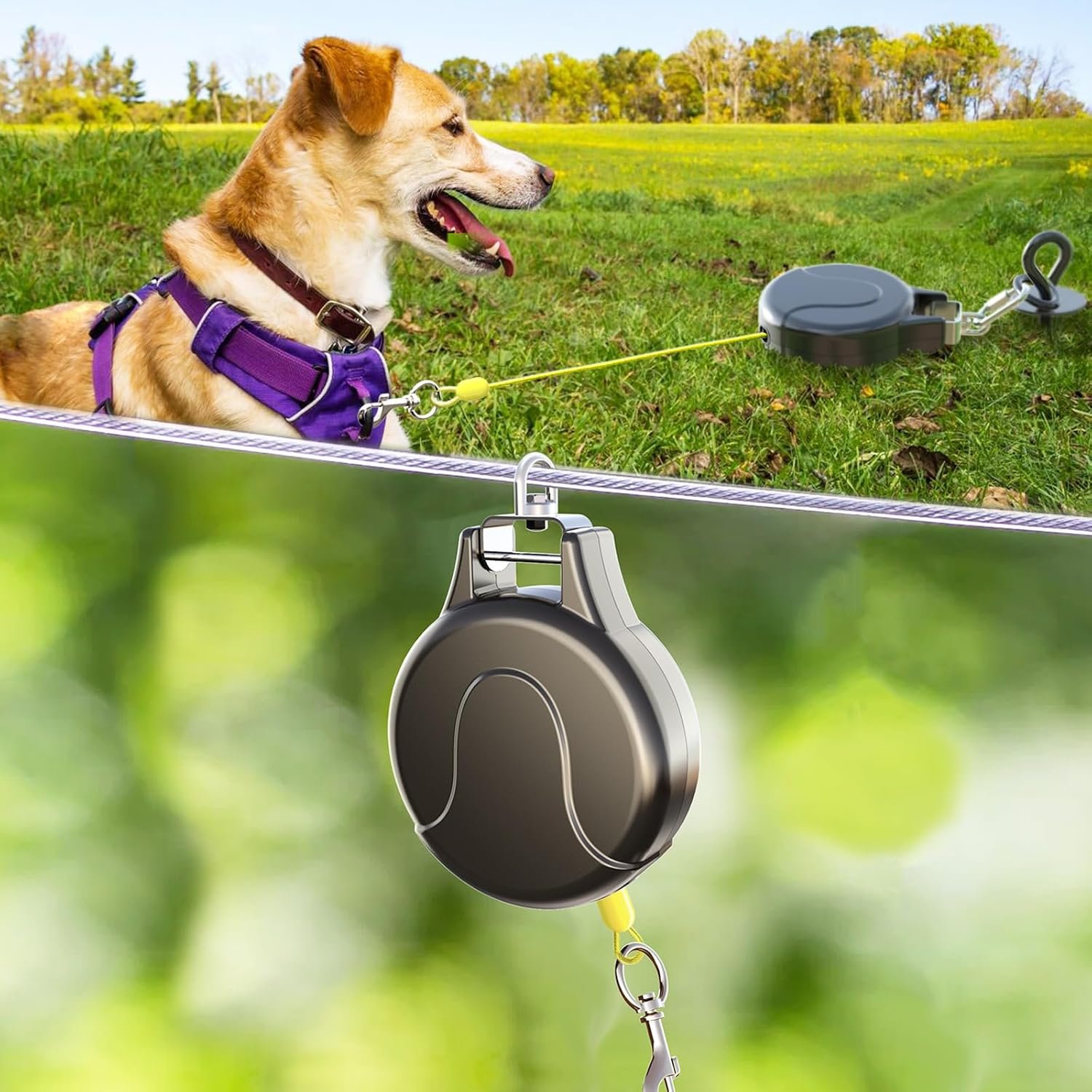 30ft Dog Tie Out Cable and Retractable Dog Leash, 2-in-1 Lead for Zipline, Aerial Run Cable Trolley Or Anchor, No Tangle Retractable Tie Out Reel for Camping Or Yard (Black)
