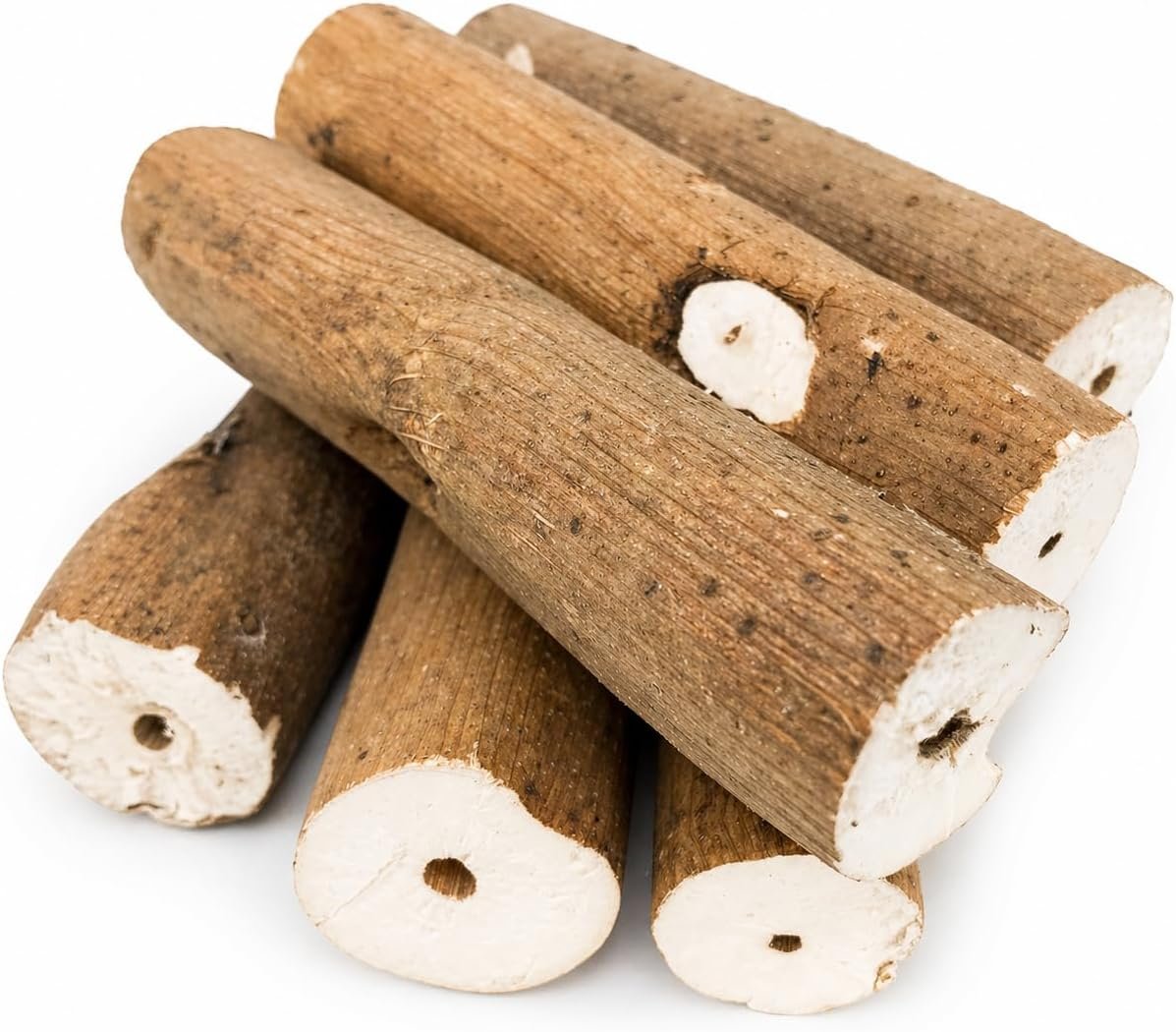 1211 Pk6 Natural Bark Sola Sticks, 6-Pack, 3″ Long, 1.25″ Diameter, Soft Chew and Foraging Toy for Birds, Parrots, Parakeets, Cockatiels, Lightweight, Natural, Safe, Eco-Friendly | Natural sola root sticks with center holes for chewing, shredding, toy making, and foraging enrichment