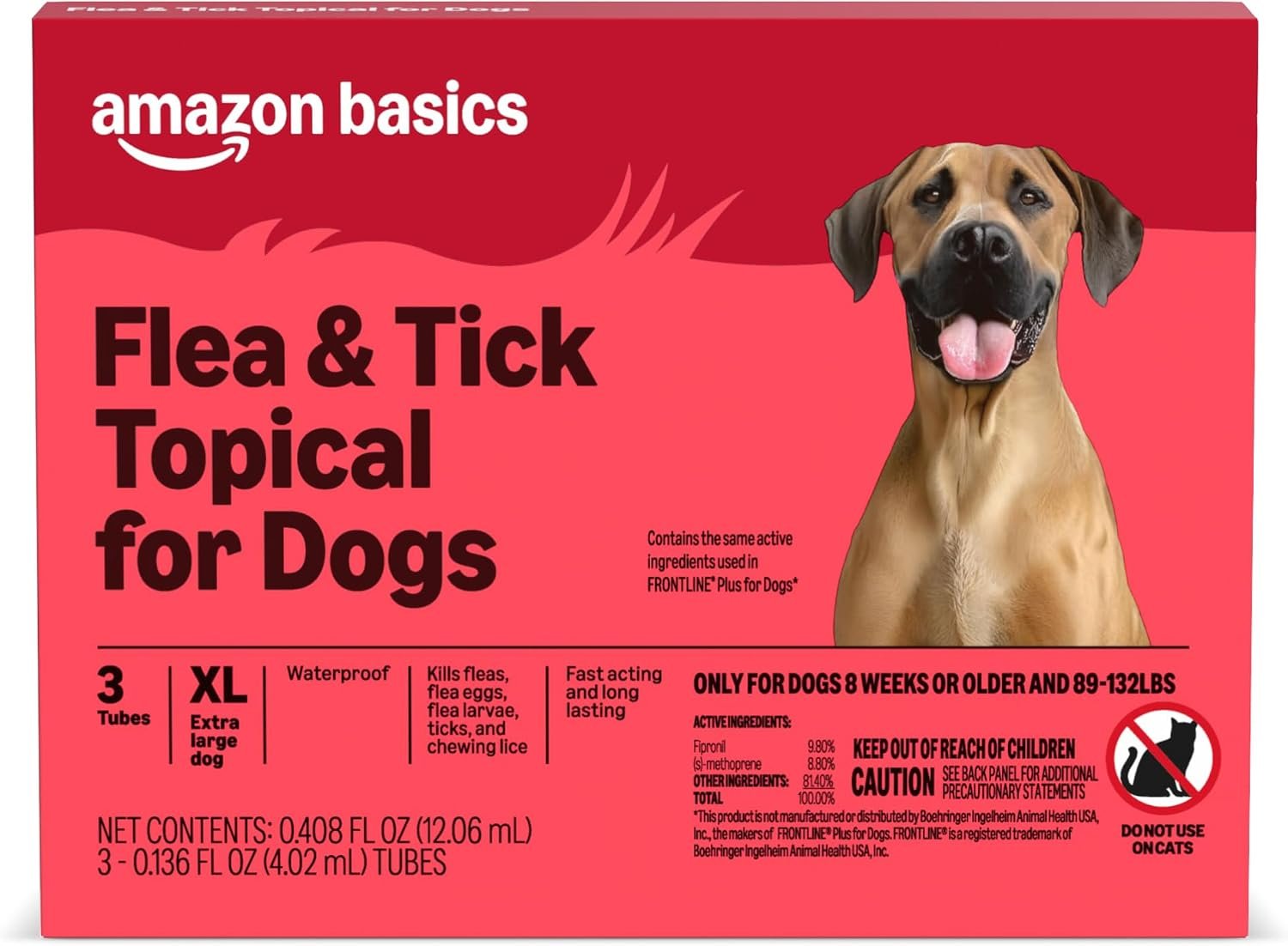 Amazon Basics Flea and Tick Topical Treatment and Prevention for Extra Large Dogs (89-132 lbs), Fast Acting and Long Lasting, 3 Count, Packaging May Vary
