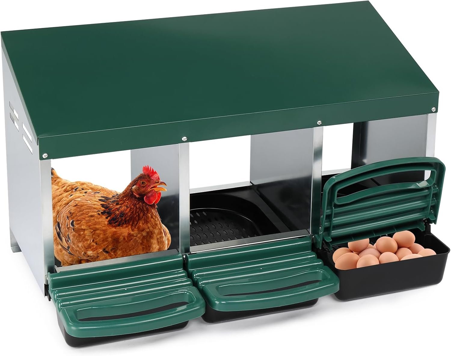 Outvita Chicken Nesting Boxes, 3 Compartments for Chicken Coop, Green | Chicken Egg Laying Box, Nesting Boxes for Chickens with Swing Perch and Roll Away Egg Collection