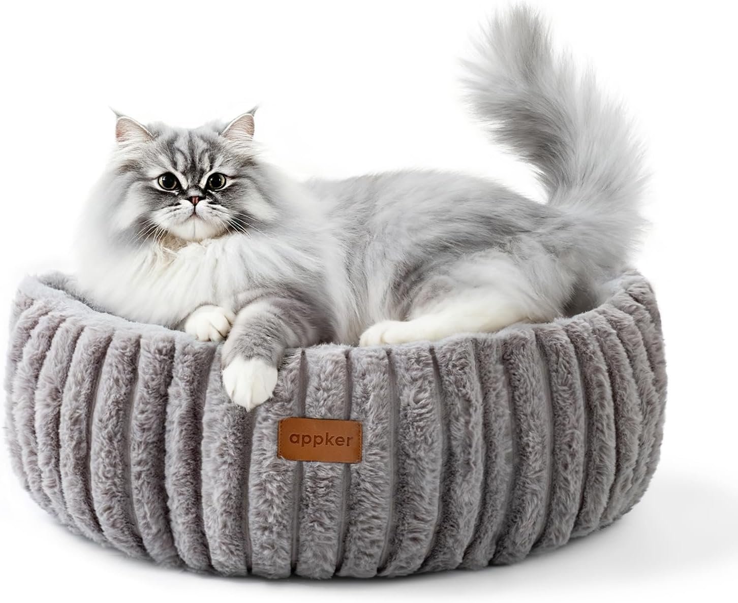 Cat Bed, Washable Round Cat Beds for Indoor Cats, Super Soft Faux Rabbit Fur Pet Bed for Puppy and Kitten with Anti-Slip Bottom (Grey, 20″x20″x8″)