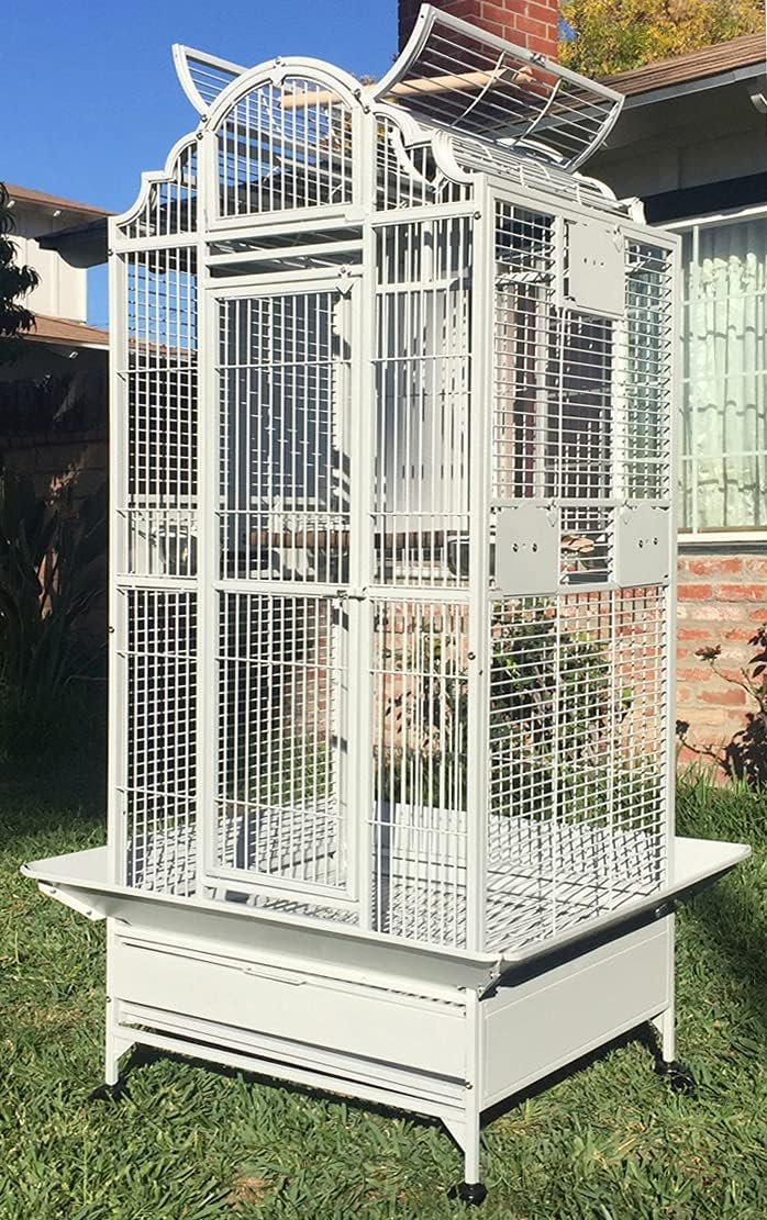 Large Elegance and Durable Wrought Iron Open Play Top Stand Bird Parrot Rolling Cage, Include Metal Seed Guard Solid Metal Feeder Nest Door (White Vein, 24.0″ L x 22.0″ W x 63.0″ H)