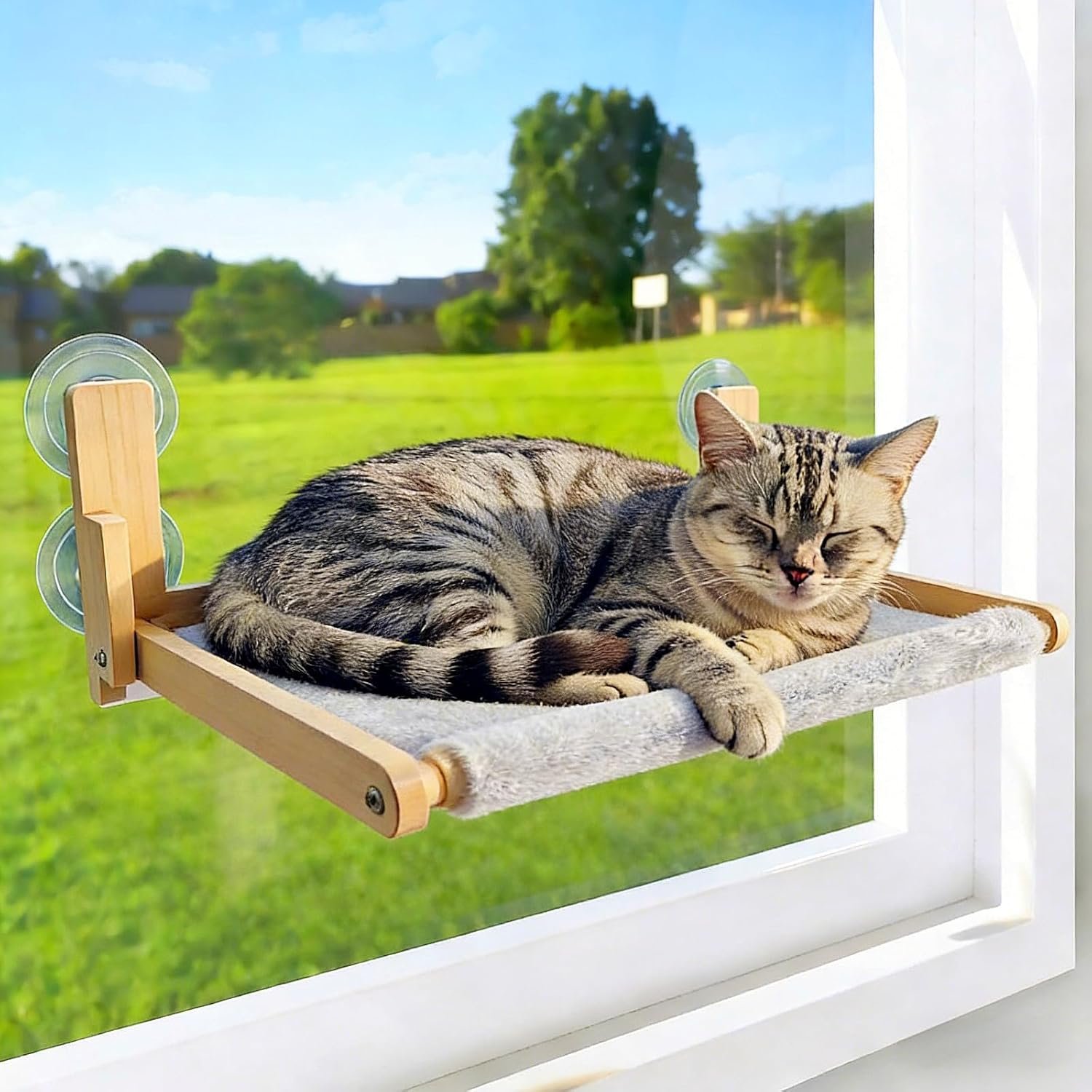 Foldable Cat Window Perch, Natural Wood, 16.5”×12” Hammock, 35 lbs Weight Limit, Cat Window Hammock for Small Size Windows