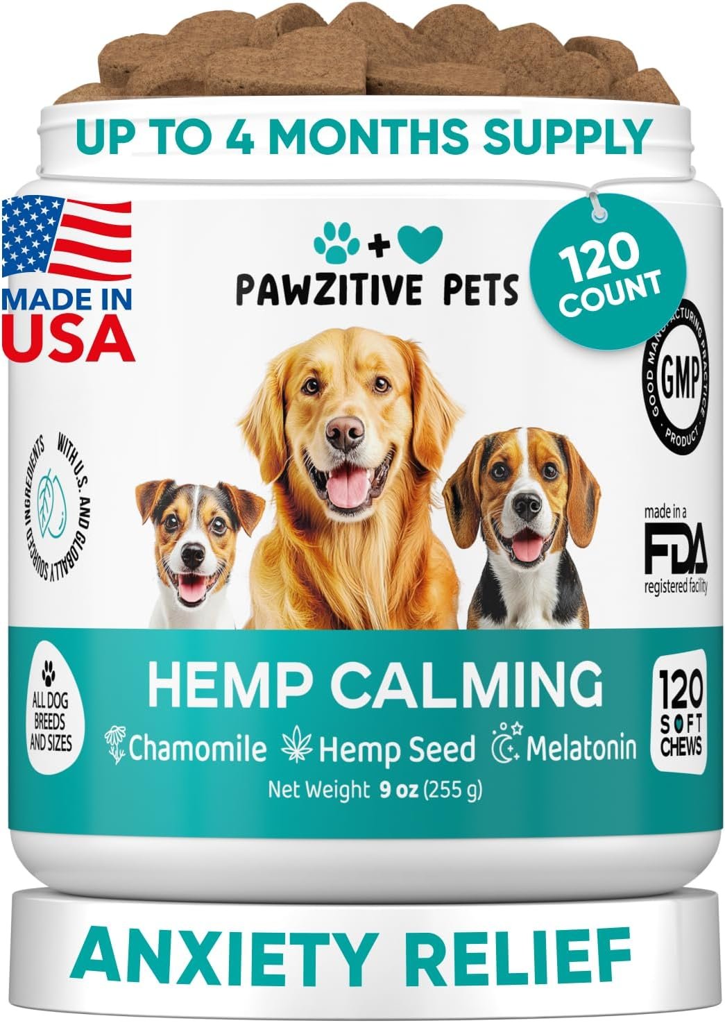 Hemp Calming Chews for Dogs – Dog Calming Chews for Anxiety Relief, Stress, Separation, Fireworks, Thunder, Travel, Vet Visits – USA Product – 120 Soft Treats with Melatonin, Chamomile, Passion Flower