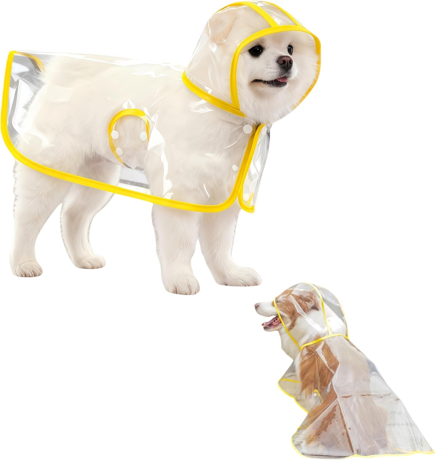 Clear Dog Raincoat, Transparent PVC Cape Style Pet Rain Jacket with Hidden Leash Hole, Adjustable Double Buckle for Small Medium Dogs (Yellow, Large)