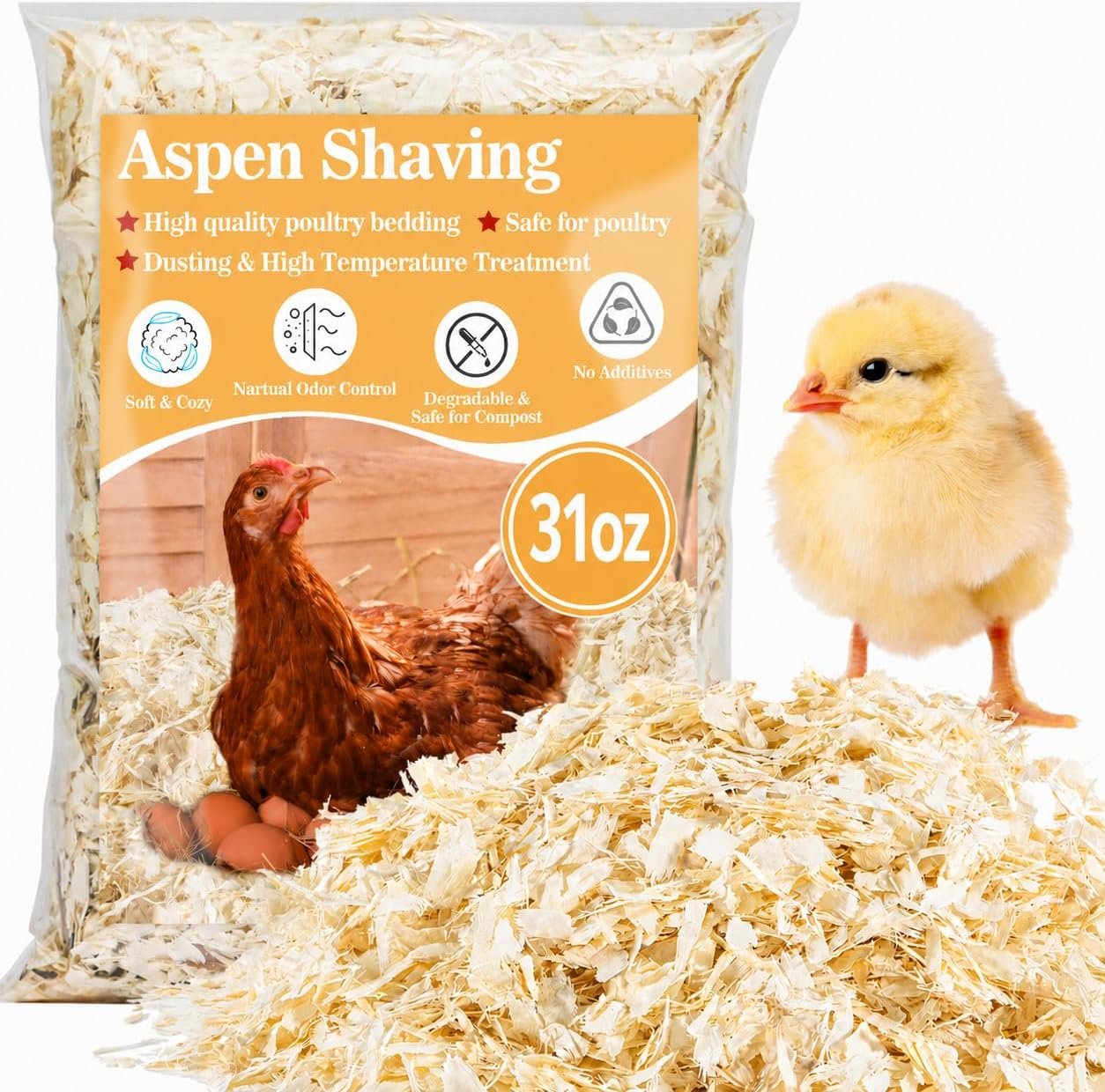 Sukh 31 OZ Chicken Coop Bedding – Aspen Shavings Small Animal Bedding | Odor Control Nesting & Winterizing Supplies for Chicken House, Small Pets, Guinea Pig, Rabbit, Chinchilla, Bird & Gerbil