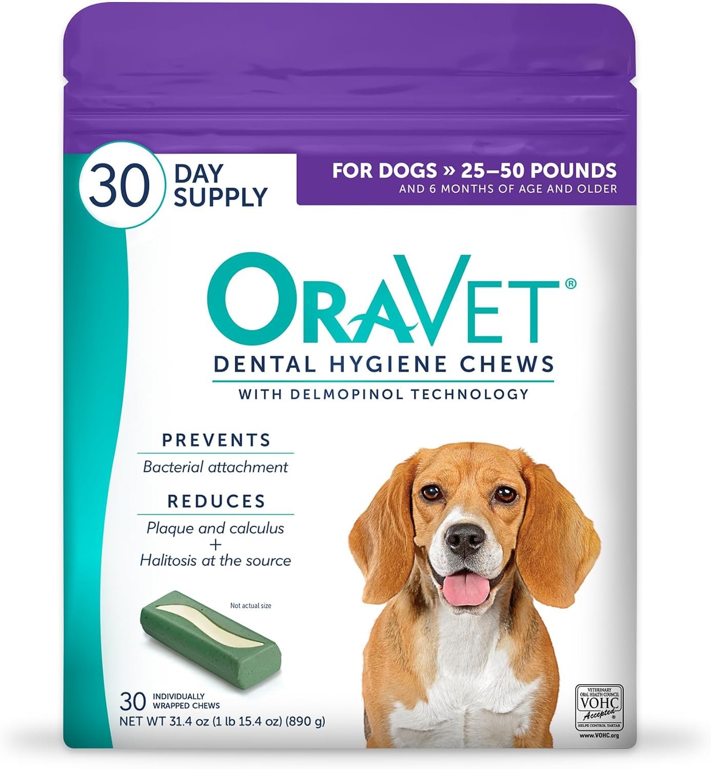 ORAVET Dental Chews for Dogs, Oral Care and Hygiene Chews (Medium Dogs, 25-50 lbs.) Purple Pouch, 30 Count | VOHC-accepted dual-action chew reduces plaque & tartar, freshens breath barrier vet-recommended purple pack