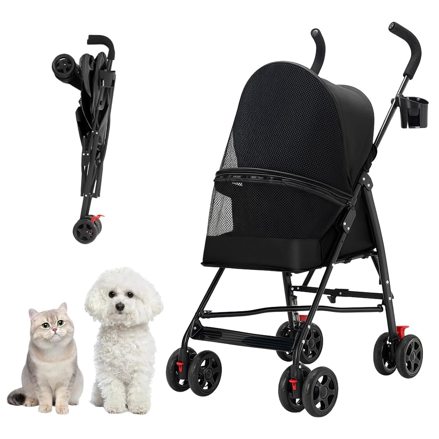 Cat Stroller Foldable Lightweight for Small Dogs Cats 0-15 lb Black | Dog strollers for small dogs, 4 wheels, cup holder, breathable mesh.Perfect for travel, hiking, and outdoor adventures.