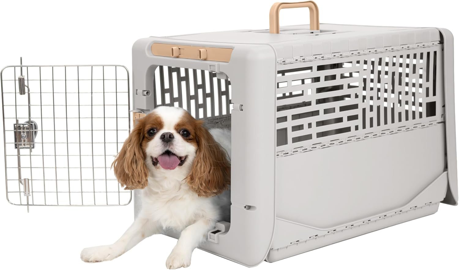 SportPet Designs Collapsible Small Pet Travel Carrier (Tan), Hard-Sided Kennel for Small Dogs, Puppies, Cats, Kittens, Animals up to 25lbs, Washable Home & Outdoor Pet Crate, 24.5″L x 16.5″W x 16″H