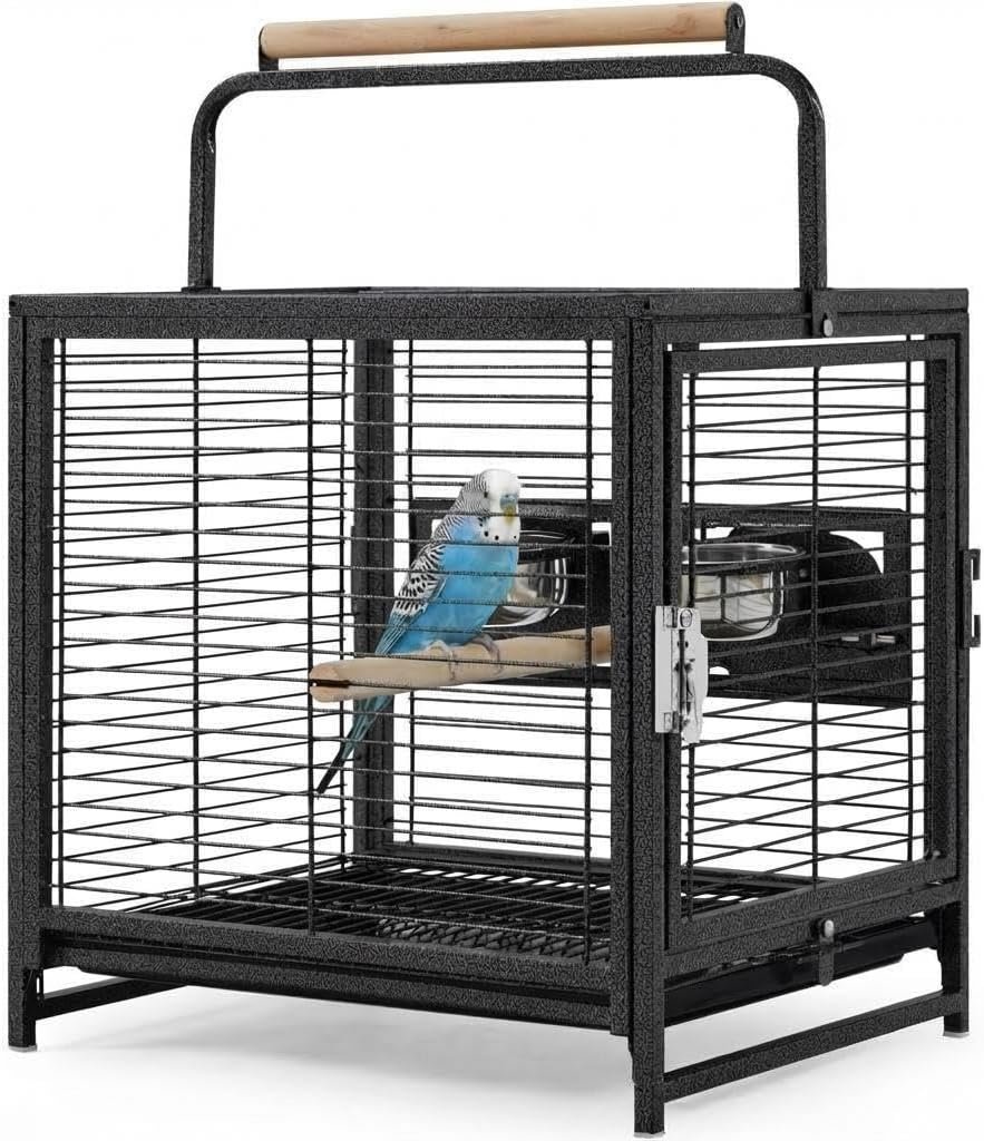 Garvee Bird Travel Carrier Cage, 25″ h Small Bird Cage with with Wooden Perch Handle, Bird Carrier for Parrots Conures Lovebird Cockatiel Parakeets Black