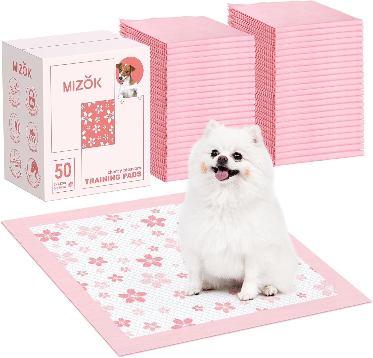 MIZOK Pink Puppy Pads with Adhesive Tabs Wee Wee Pads for Dogs 22x22in 50Ct
