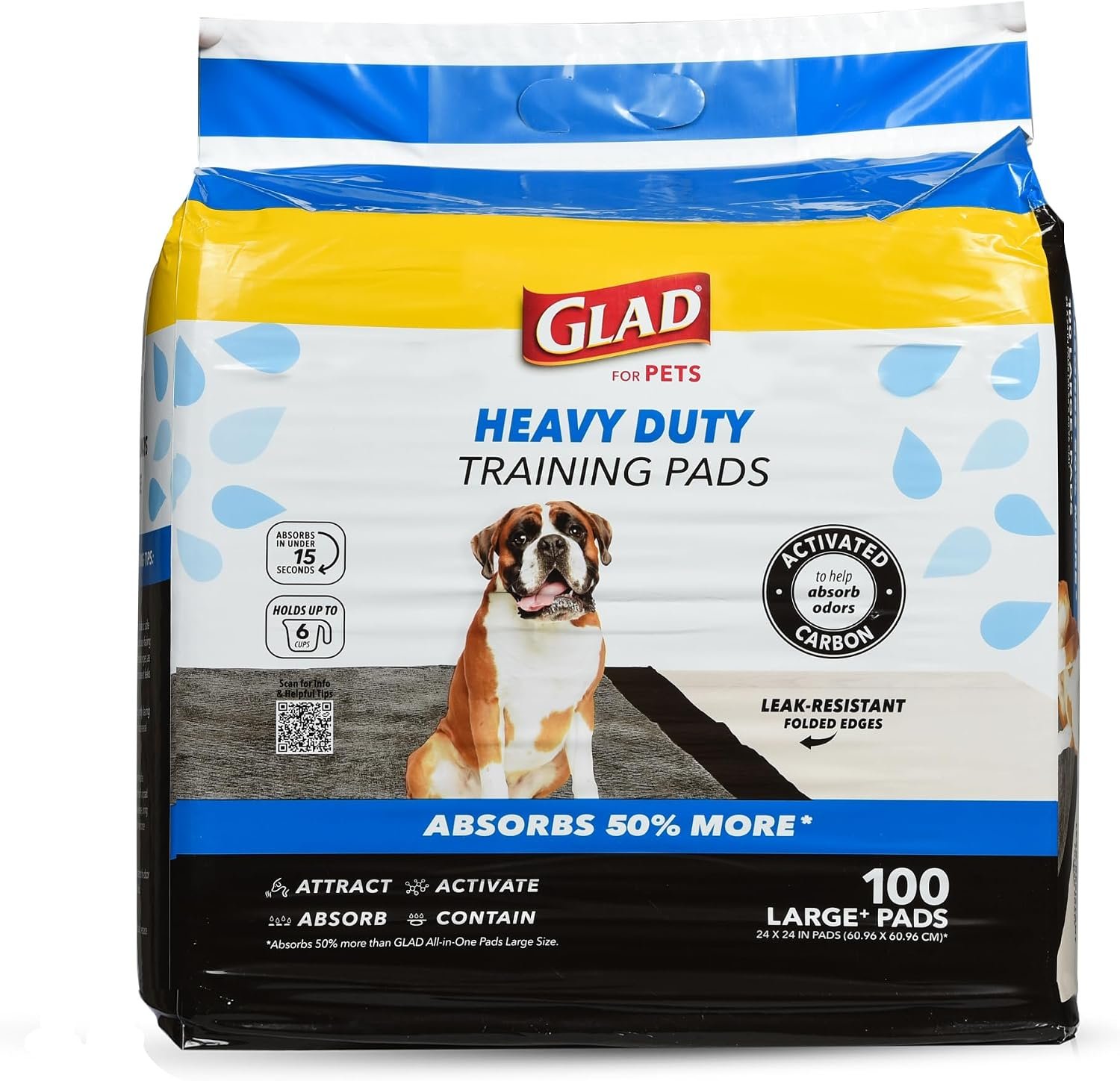 Glad for Pets XL Charcoal Training Pads, Heavy Duty, 24×24 in, 100 Count | Quick-dry quilted top and leak-resistant layers for indoor potty use and crate liners, 24 x 24 in