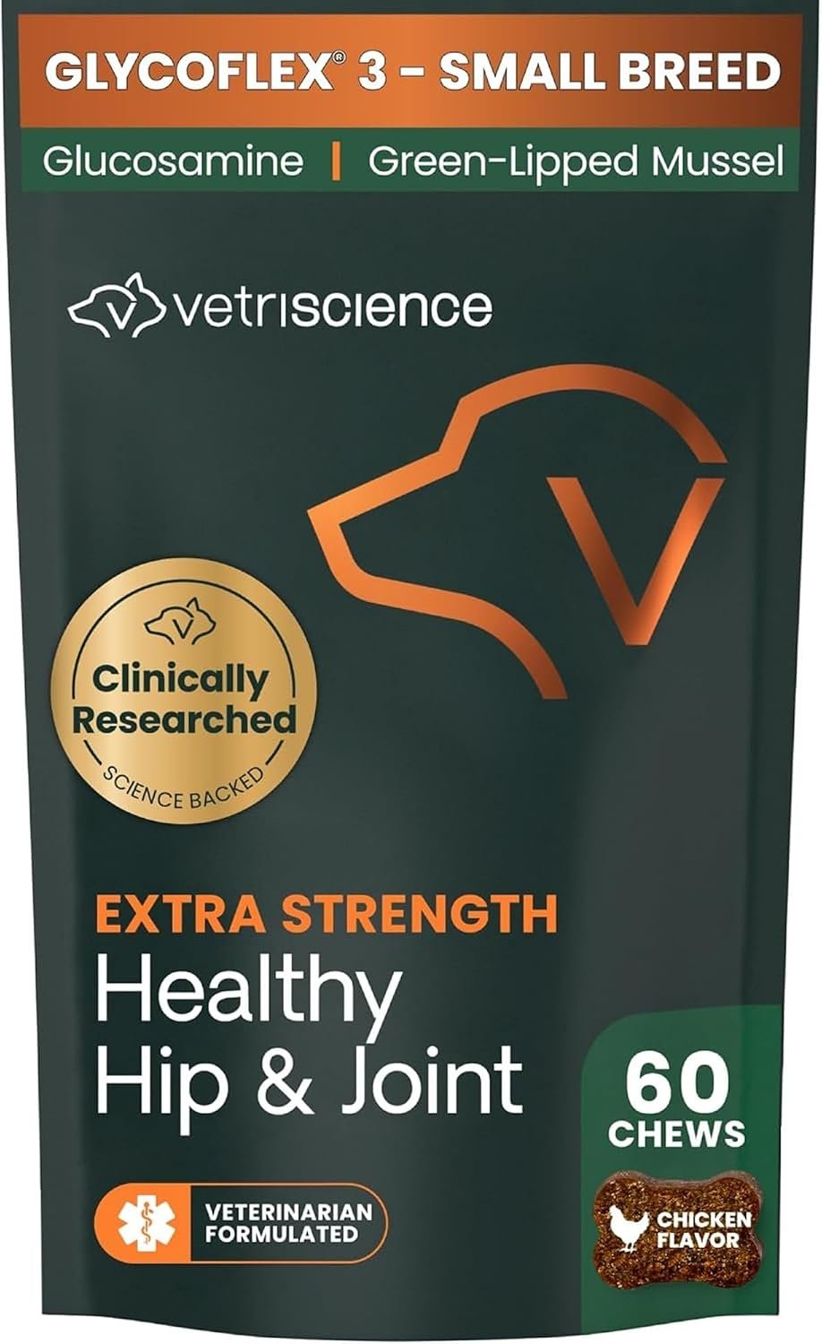 VetriScience Extra Strength Healthy Hip & Joint Chews, GlycoFlex Glucosamine and Green-Lipped Mussel Joint Support Supplement for Small Breed Dogs, Soothe Joint Discomfort, Chicken, 60 Count