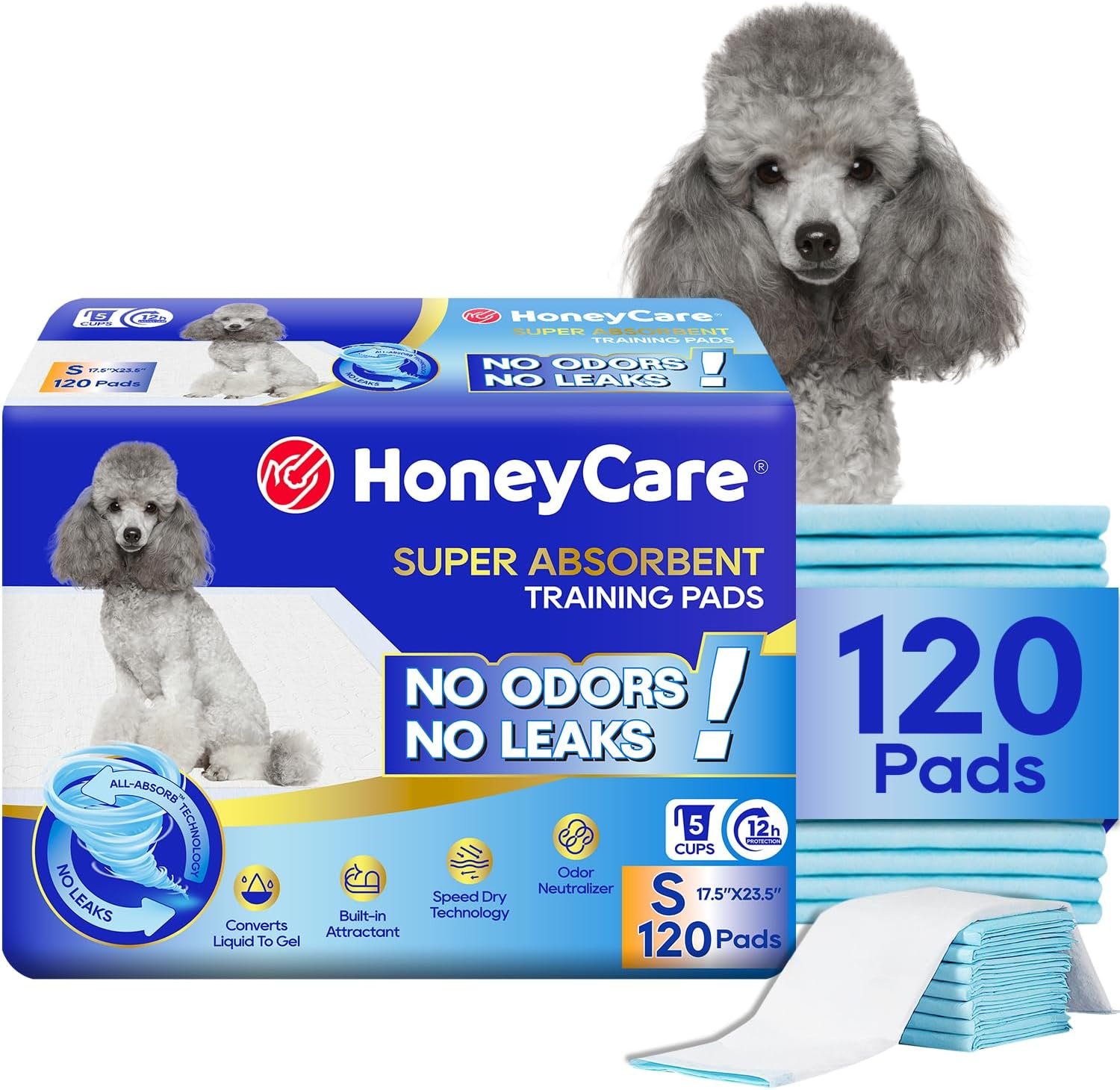 Honey Care All-Absorb, Small 17.5″ x 23.5″, 120 Count, Dog and Puppy Training Pads, Ultra Absorbent and Odor Eliminating, Leak-Proof 5-Layer Potty Training Pads with Quick-Dry Surface, Blue, A05
