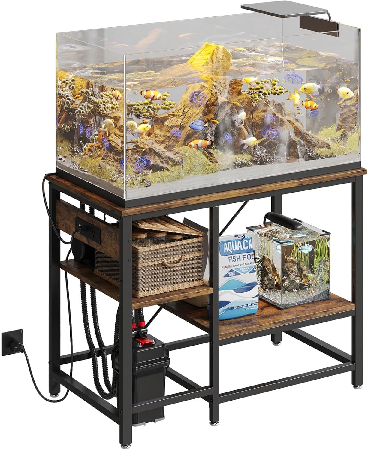 Bestier 40-50 Gallon Fish Tank Stand with Power Outlet, Rustic Brown, 36×19 | 6-Leg Steel Frame, 3-Tier Adjustable Shelves for Filters Storage, 660Lbs Capacity, 5-In-1 Power Outlet, 4 Leveling Feet