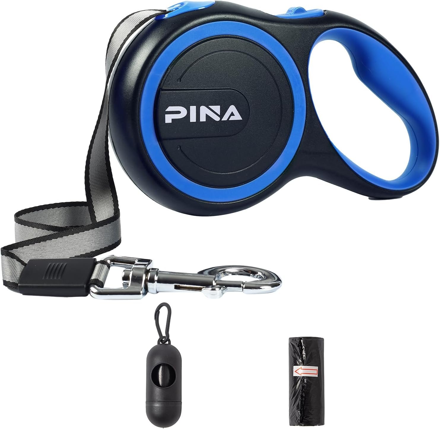 PINA Retractable Dog Leash, 26ft Dog Leash for Small Medium Large Dogs Up to 110lbs, 360° Tangle-Free Strong Reflective Nylon Tape, with Anti-Slip Handle, One-Handed Brake, Lock – Black Blue