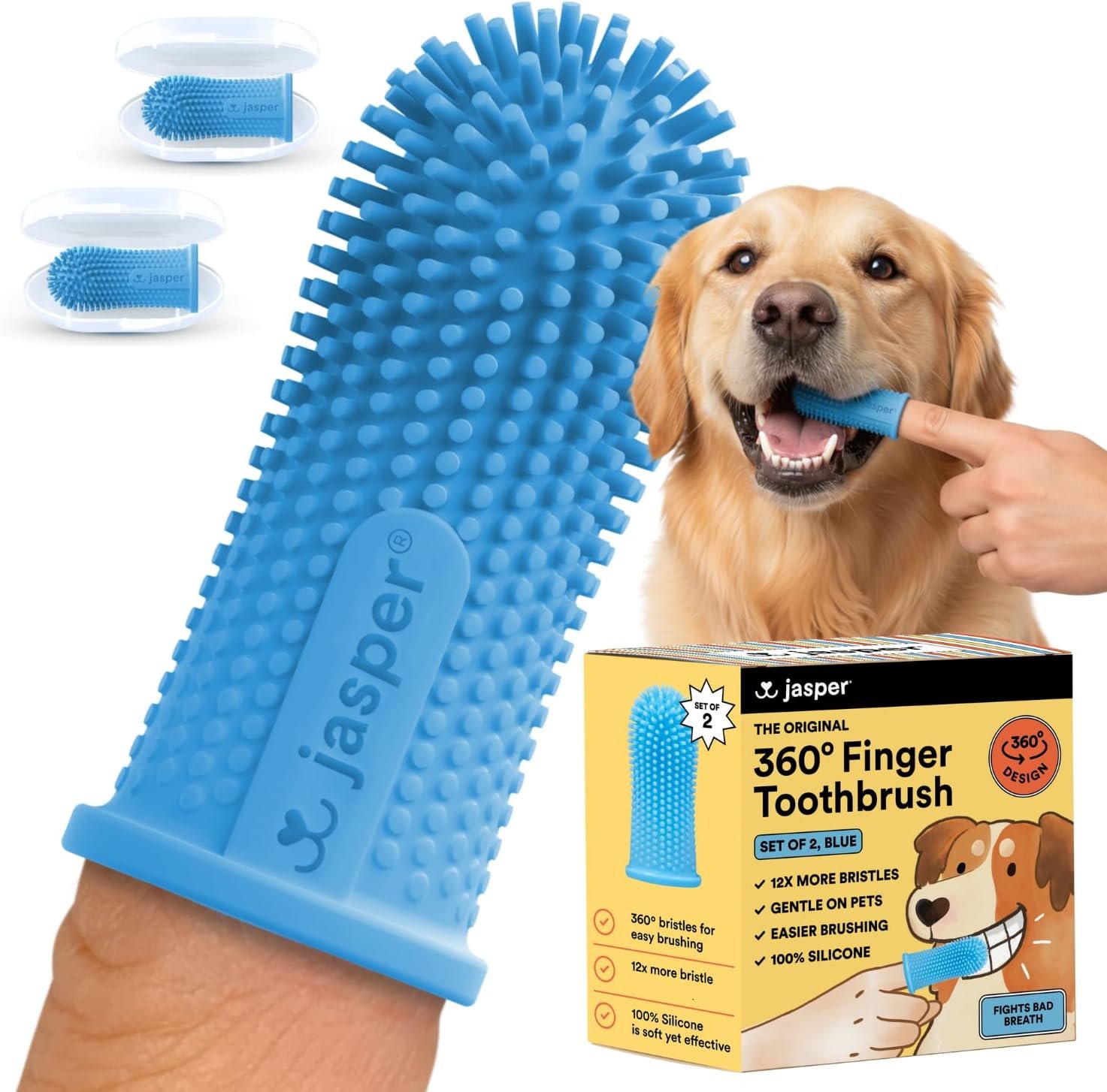 Jasper Dog Toothbrush, 360 Dog Tooth Brushing Kit, Finger Toothbrush, Cat Tooth Brush, Teeth Cleaning, Pet Tooth Brush for Small & Large Pets, Pet Toothpaste Not Included, 2-Pack Blue