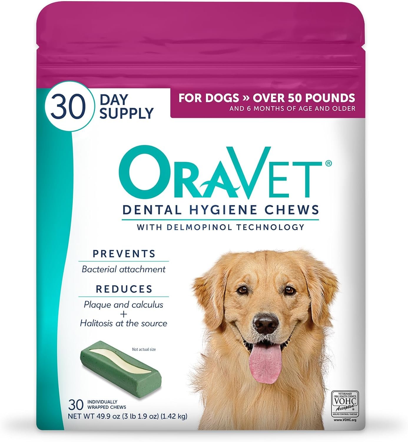 ORAVET Dental Chews for Dogs, Oral Care and Hygiene Chews (Large Dogs, Over 50 lbs.) Pink Pouch, 30 Count (Pack of 1) | VOHC-accepted dual-action chew reduces plaque & tartar, freshens breath barrier vet-recommended pink pack