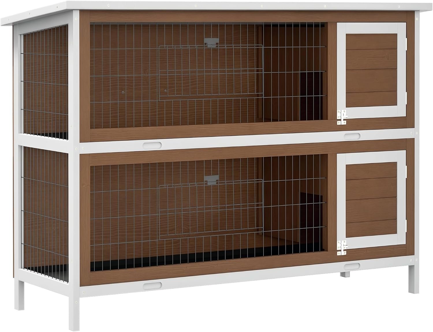 PawHut 54″ 2-Story Large Rabbit Hutch Bunny Cage, Lockable Doors Brown | Wooden Pet House, Small Animal Habitat, No Leak Tray, Waterproof Roof, for Chickens Ducks, Outdoor/Indoor