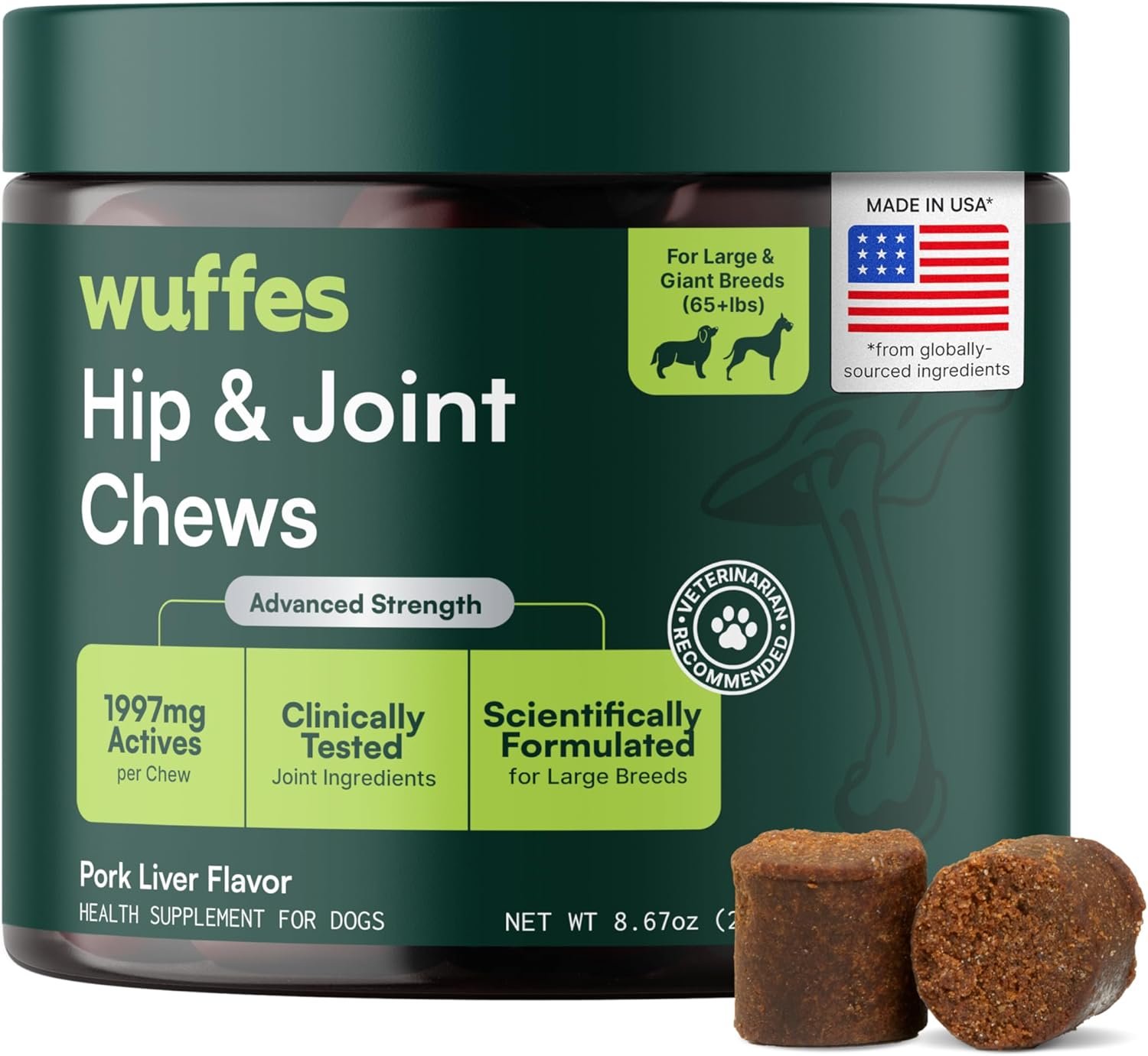 Wuffes Hip & Joint Chews for Large Breed Dogs, 30 ct | Hip & Joint Supplement for Dogs Over 65 lbs. Made with Glucosamine, Chondroitin and MSM. 3 Months+. Pork Flavored