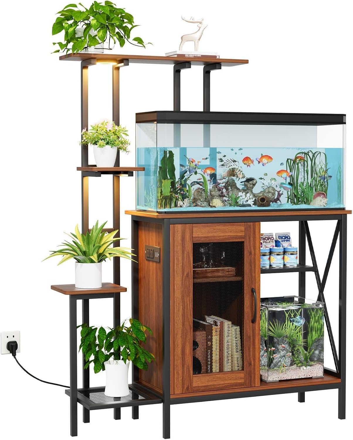 20-29 Gallon Fish Tank Stand with Plant Shelf, 2-in-1 Walnut Aquarium Stand | Built-in Power Outlet, Full Spectrum LED Grow Light, Adjustable Storage Shelves, Stable Metal Frame for Home Use